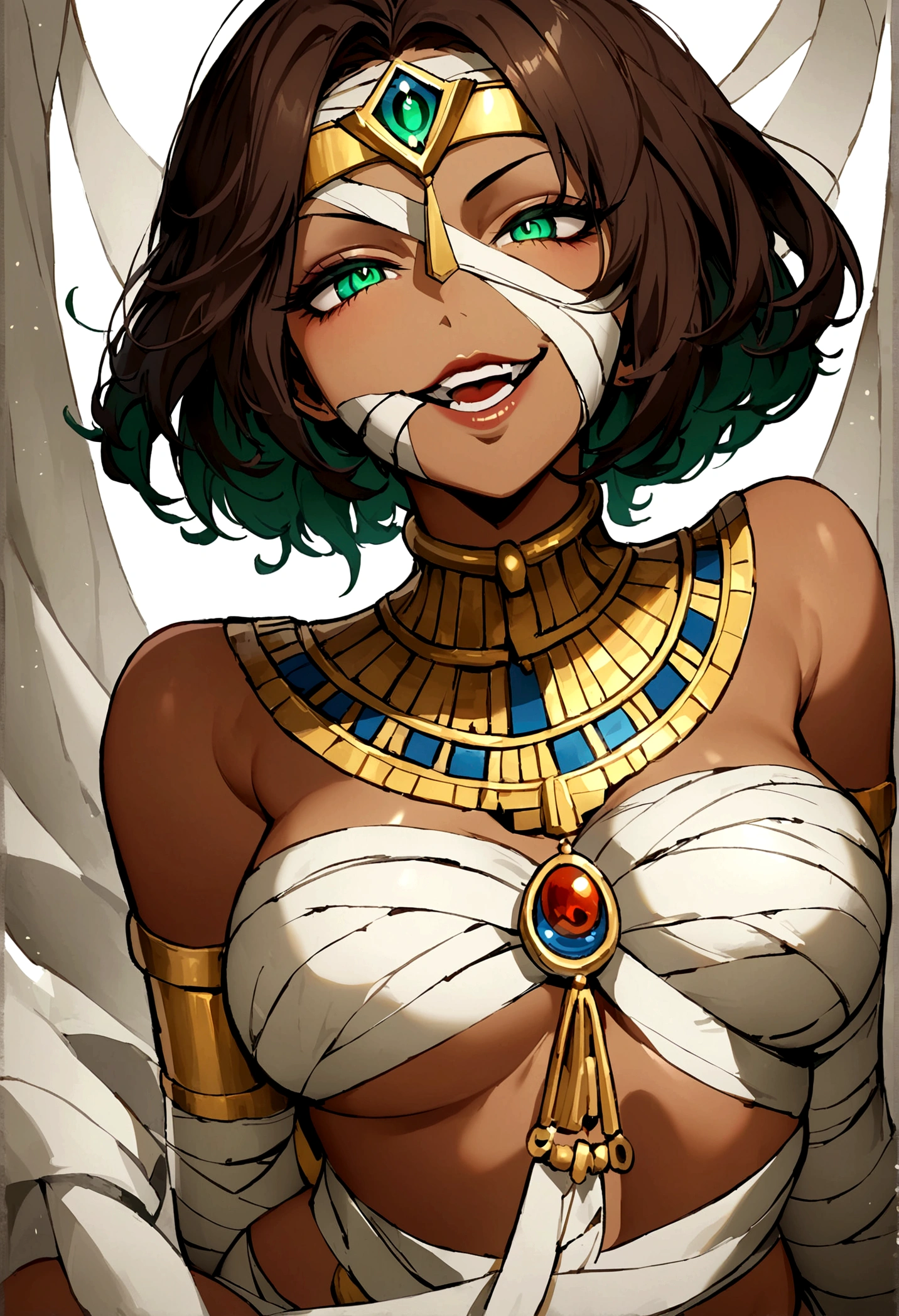 Woman,tan skin,captivating deep green eyes, devoted eyes. Chestnut brown short hair. Volumptious body. Covered in bandages like a mummy. Revealing clothes, . Golden circlet. Giggling. Evil smile, egyptian style clothing, egyptian style hairstyle