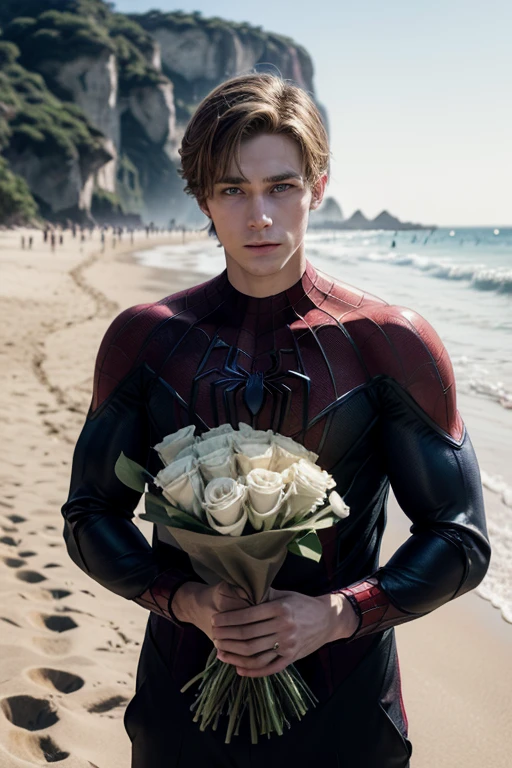 Thirty-year-old boy, 1.80 tall, brown hair and blond eyes, dressed in the Spider-Man uniform without the mask, offering a bouquet of roses to a 1.73 tall blonde girl on a deserted beach