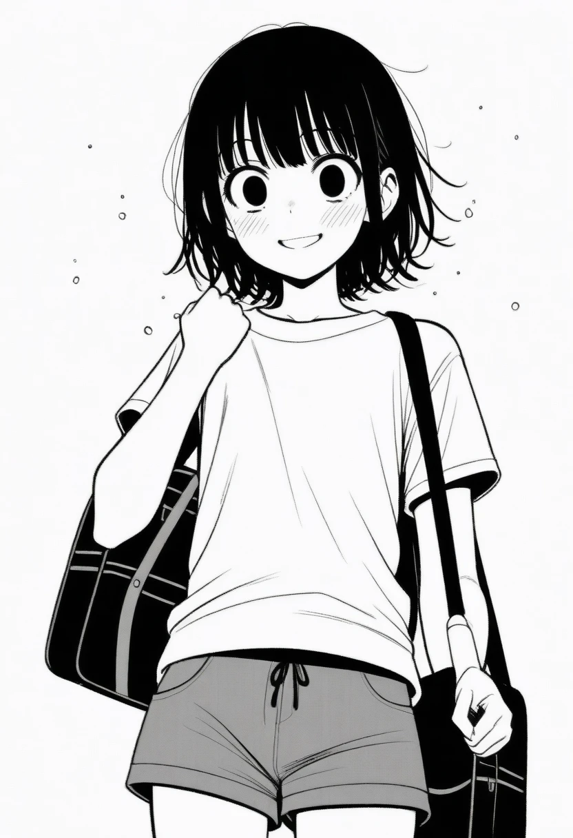 masterpiece, best quality, 1girl, mamerakkkkko, grayscale, manga style, japanese, chi no wadachi, black eyes, street, iced, black hair, schoolbag, smile, lineart, white background, white shirt, grey shorts, centered, 18 years old, average height