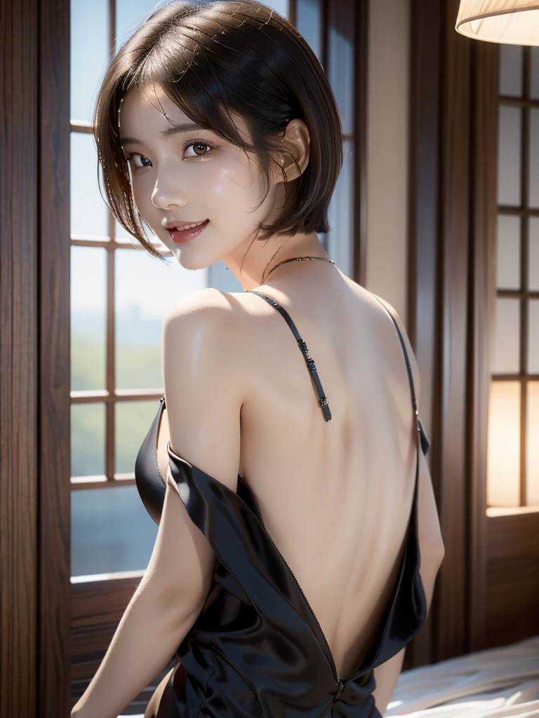 best quality, masterpiece, ultra high res, (photorealistic:1.4), RAW photo , (1 girl:1.3), a girl, solo, (short hair, brown hair:1.3), light smile, large breast, side boob, Satin Backless Dress, ( black dress:1.2), looking back