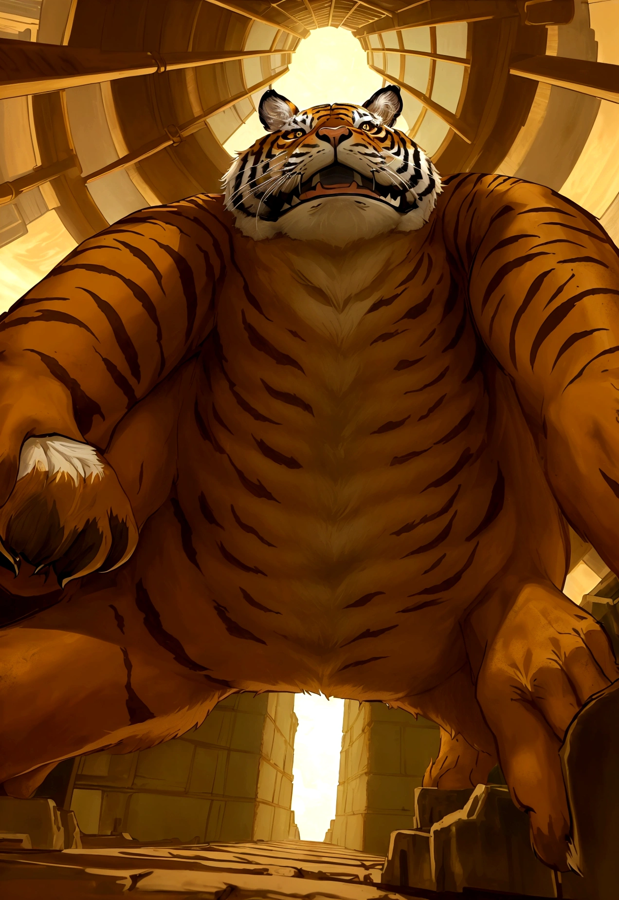 an image from the perspective of a tiger trapped in a pit, looking up. The viewpoint should be from the bottom of the pit, showing the tiger's gaze upward. Above the pit, there should be a man and a rabbit looking down at the tige