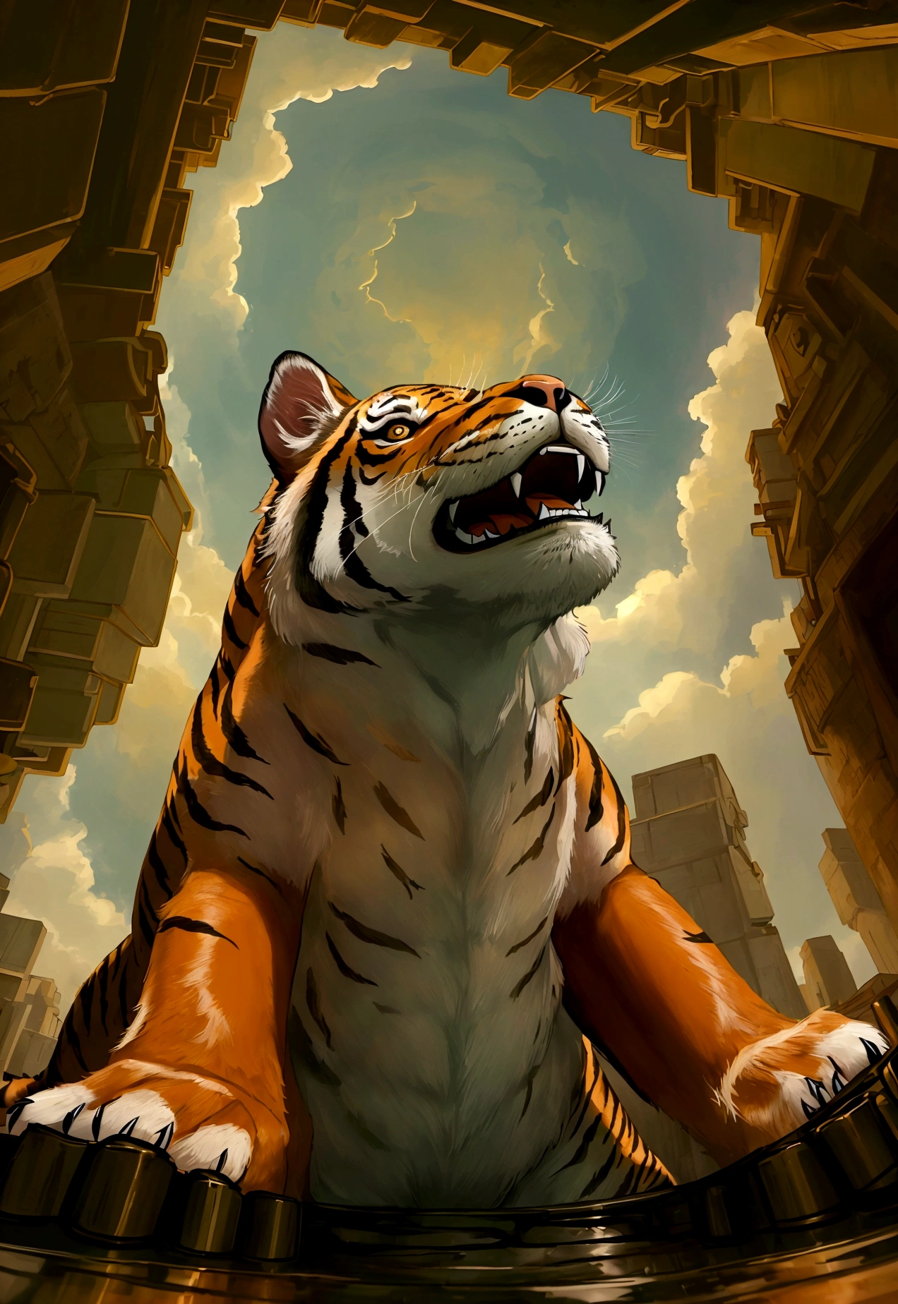 an image from the perspective of a tiger trapped in a pit, looking up. The viewpoint should be from the bottom of the pit, showing the tiger's gaze upward. Above the pit, there should be a man and a rabbit looking down at the tige