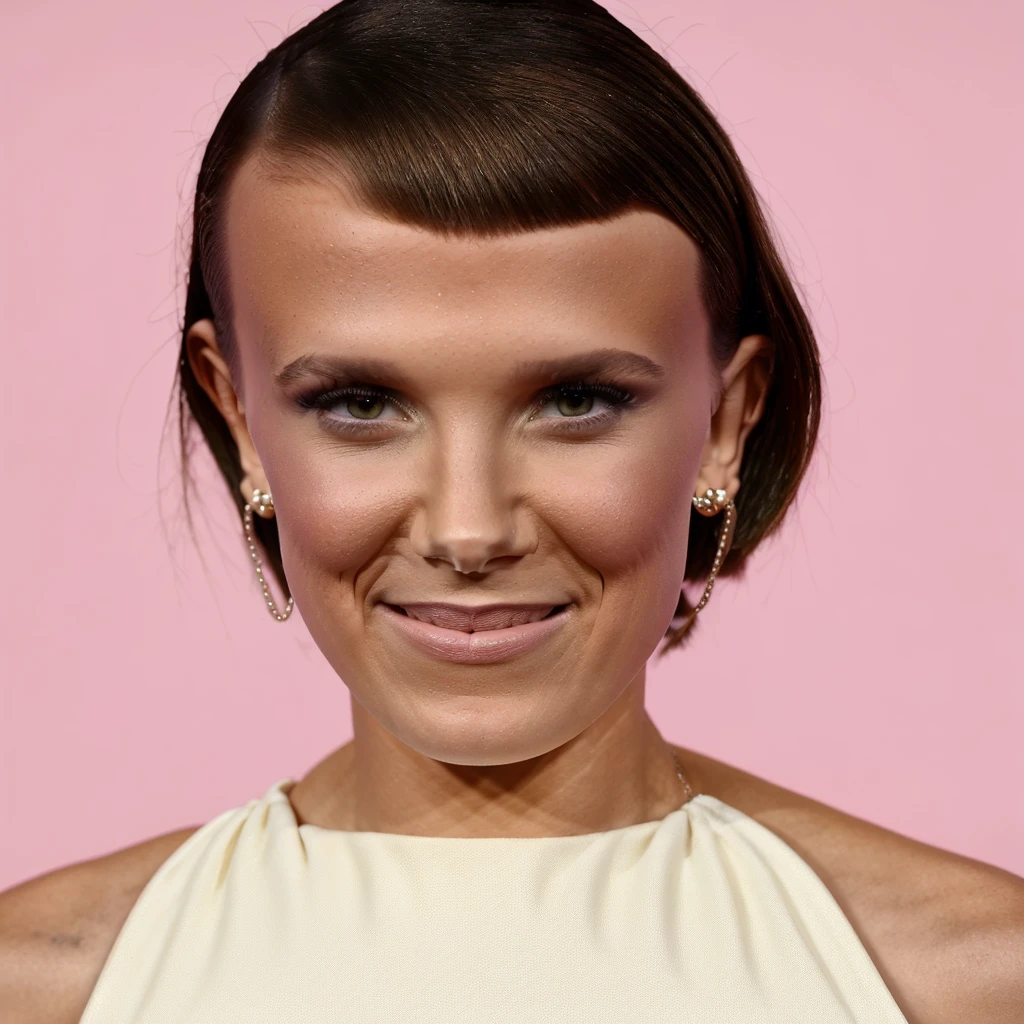 Realistic photo of a beautiful Millie Bobby Brown, 1girl, solo, looking at viewer, short hair, simple background, brown hair, white background, jewelry, standing, earrings, pants, lips, realistic, pink pantyhose, nose, soft lighting, professional Photography, Photorealistic, detailed, RAW, analog, sharp focus, 8k, HD, high quality, masterpiece