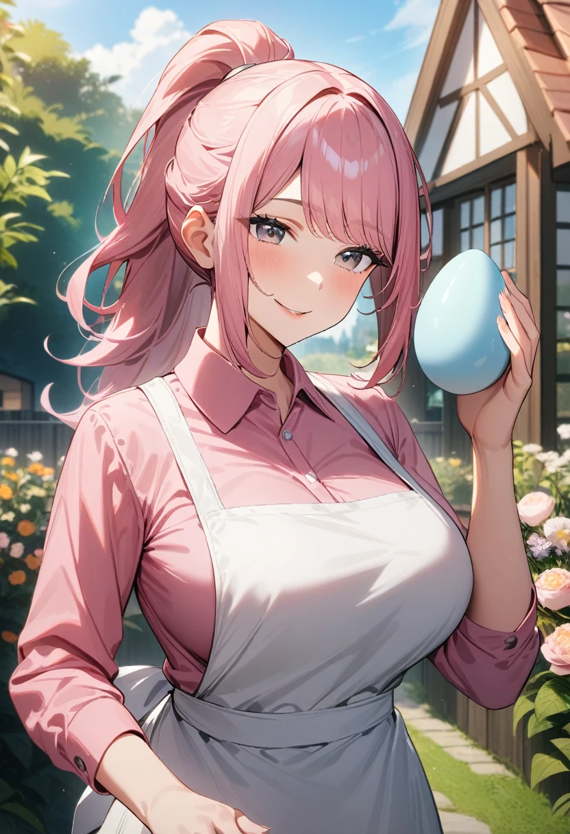 1girl, holding an egg, mature female, gentle smile, natural breasts, slick hair, messy bangs, pink hair, ponytail, gray eyes, pink shirt, white apron, house garden, masterpiece quality, ultra HD, 4K, best quality, 