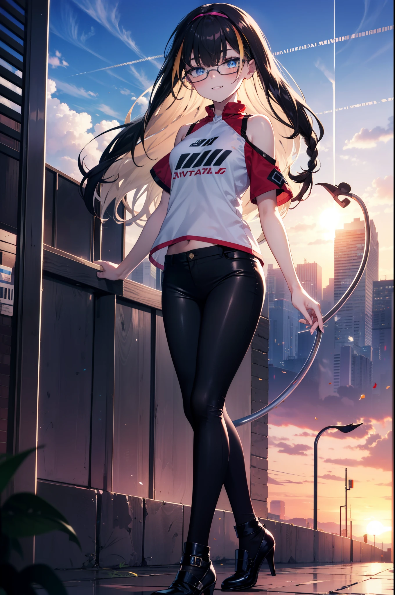 small, small, Black Hair, blue eyes, demon tail, hair band, Long Hair, mechanical tail, Multicolored Hair, tail, smile,Grin,tooth,Black-rimmed glasses,Cold shoulder tops,Short sleeve,skinny pants,Stiletto heels,morning,morning陽,The sun is rising,Walking,whole bodyがイラストに入るように,
break looking at viewer, whole body,
break outdoors,Building district,
break (masterpiece:1.2), Highest quality, High resolution, unity 8k wallpaper, (figure:0.8), (beautiful detailed eyes:1.6), extremely detailed face, Perfect lighting, extremely detailed CG, (Perfect hands, Perfect Anatomy),