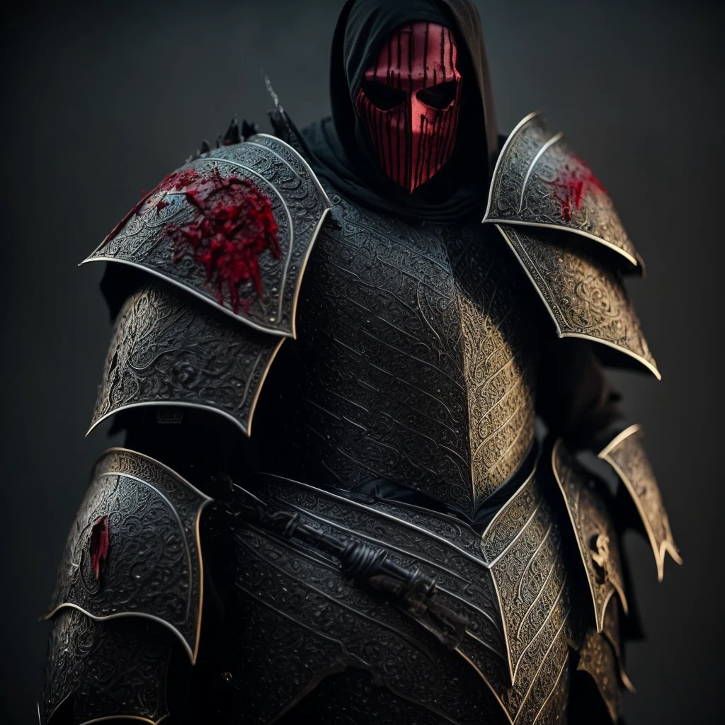 a guy in black heavy armor covered in blood dark fantasy