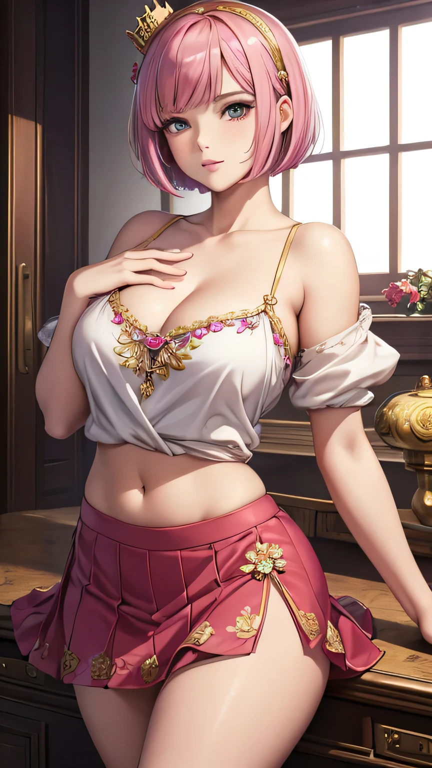 18 year old beautiful girl, masterpiece, best quality, 8K animation, detailed fingers, precise fingers, not unnatural hands, illustration, 1 girl, solo, pink bob cut, gold crown, flower hair ornament, sagging eyes, red mini skirt, YUI