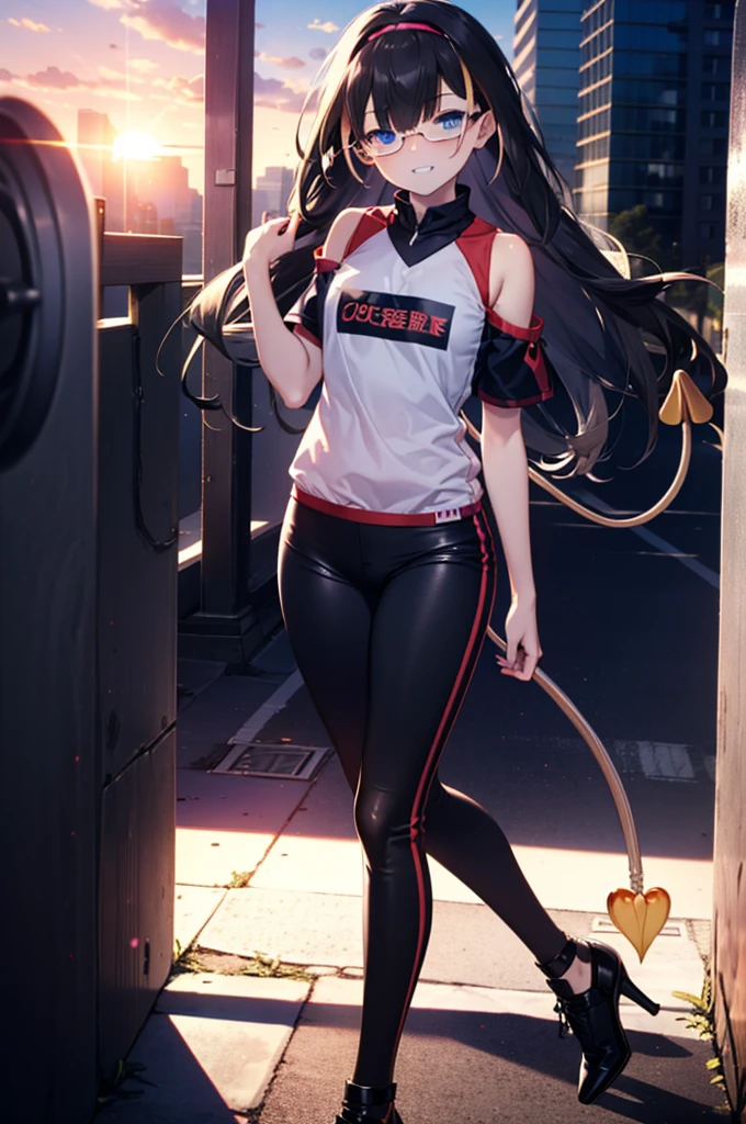 small, small, Black Hair, blue eyes, demon tail, hair band, Long Hair, mechanical tail, Multicolored Hair, tail, smile,Grin,tooth,Black-rimmed glasses,Cold shoulder tops,Short sleeve,skinny pants,Stiletto heels,morning,morning陽,The sun is rising,Walking,whole bodyがイラストに入るように,
break looking at viewer, whole body,
break outdoors,Building district,
break (masterpiece:1.2), Highest quality, High resolution, unity 8k wallpaper, (figure:0.8), (beautiful detailed eyes:1.6), extremely detailed face, Perfect lighting, extremely detailed CG, (Perfect hands, Perfect Anatomy),
