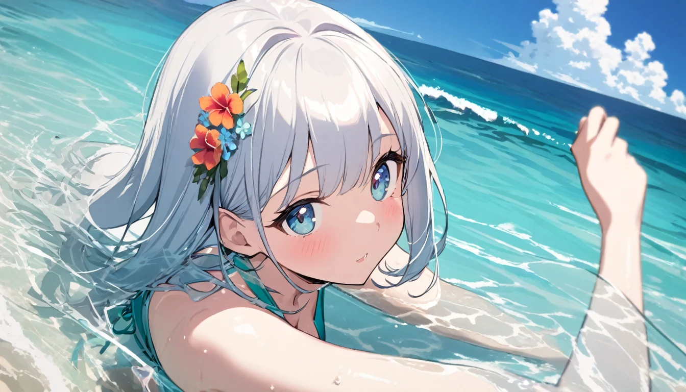 1girl, swimsuit, sea, clear water, transparent, breasts, bright