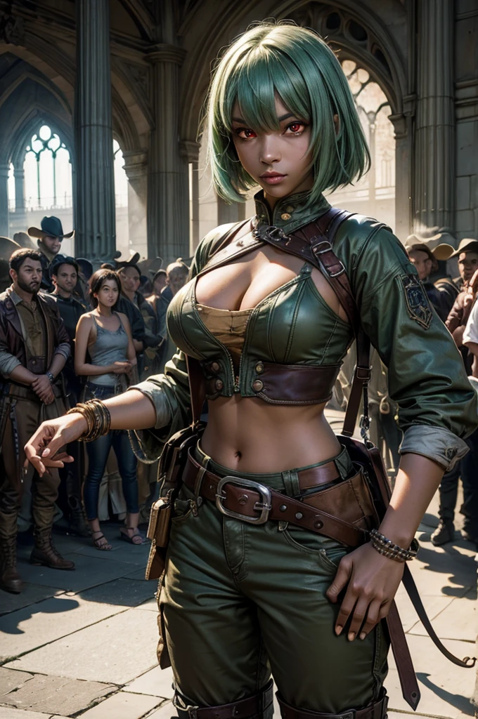 emeraldsustrai, emerald sustrai, short hair, (red eyes:1.5), green hair, dark skin, dark-skinned female, BREAK navel, cleavage, midriff, belt, cleavage cutout, chaps, fighting stance, BREAK outside palace, floor, marble pillars, tall stained glass windows, BREAK courtyard, large crowd, (((crowd in military dress))), (volumetric lighting),  intricate details, tonemapping, sharp focus, hyper detailed, (cowboy shot:1.5), BREAK (masterpiece:1.2), best quality, high resolution, unity 8k wallpaper, (illustration:0.8), (beautiful detailed eyes:1.6), extremely detailed face, perfect lighting, extremely detailed CG, (perfect hands, perfect anatomy),