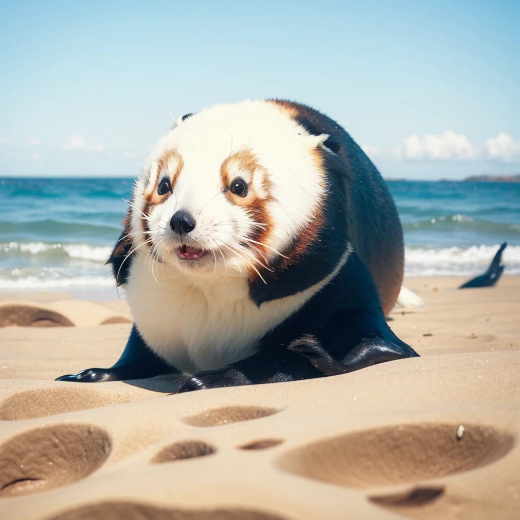 Small Animals, baby seal mixed with whale sea, has yellow and blue stripes on its body, Grassroots, no background, (has beard), ((red panda faces))