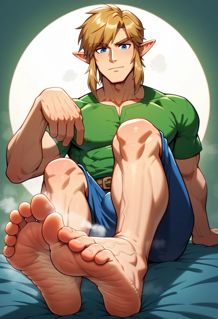 Link from Zelda games, detailed feet, foot fetish, soles, toes, beautiful face, wrinkled soles, male feet, stinky feet, stink steam, blond hairs , beautiful blue eyes, big penis shape under clothes, sexy male character . Masterpiece, 4k, ultra detailed soles, ultra detailed face, beautiful hair, two feet, fives toes. plains background. UHD