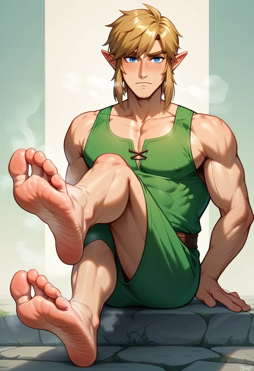 Link from Zelda games, detailed feet, foot fetish, soles, toes, beautiful face, wrinkled soles, male feet, stinky feet, stink steam, blond hairs , beautiful blue eyes, big penis shape under clothes, sexy male character . Masterpiece, 4k, ultra detailed soles, ultra detailed face, beautiful hair, two feet, fives toes. plains background. UHD