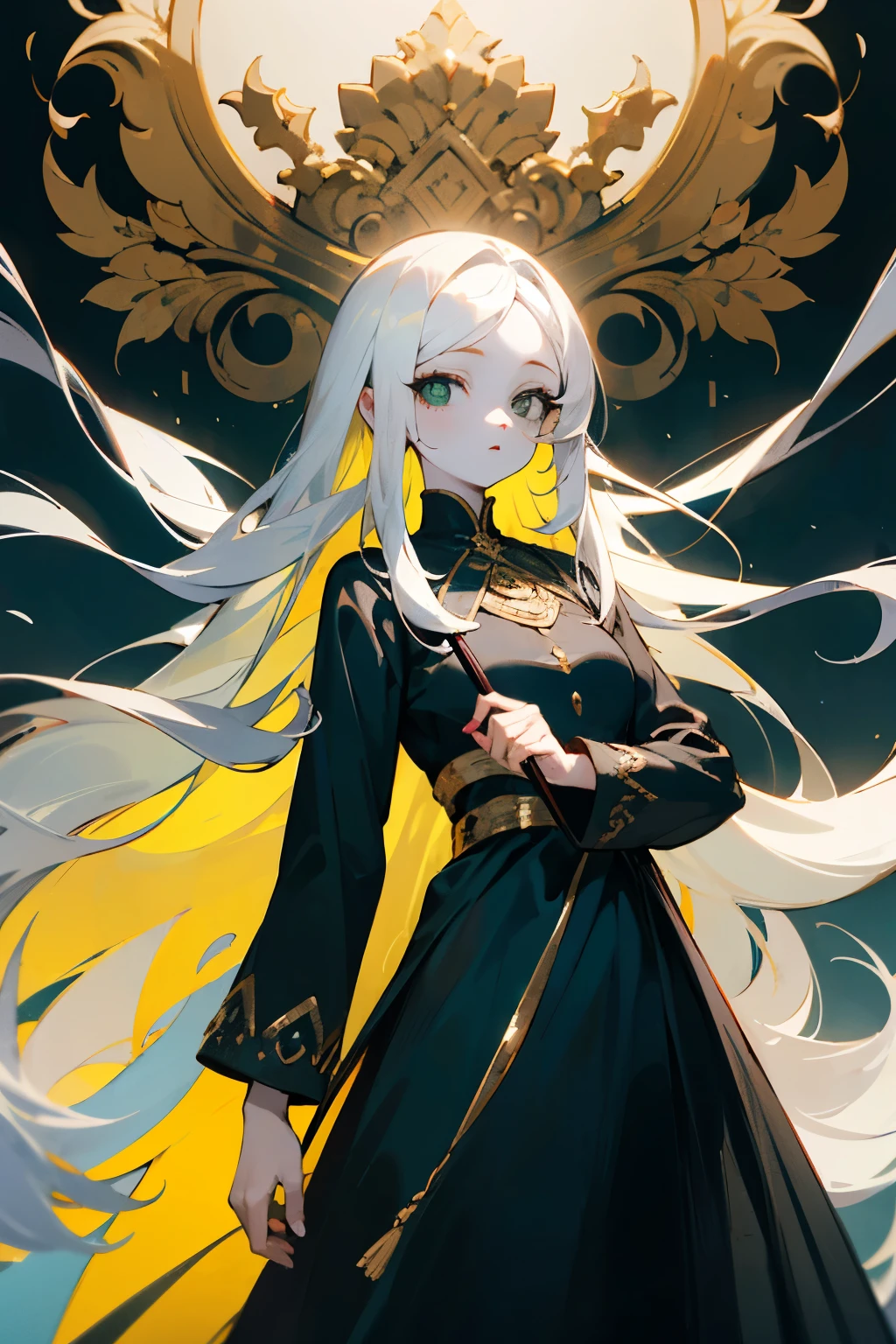 ((melhor qualidade)), ((Obra de arte)), (detalhado), Young woman with pale skin, very long White hair, Black eyes, Sharp Green pupils, wearing a long White dress ornamented with Gold with long sleeves