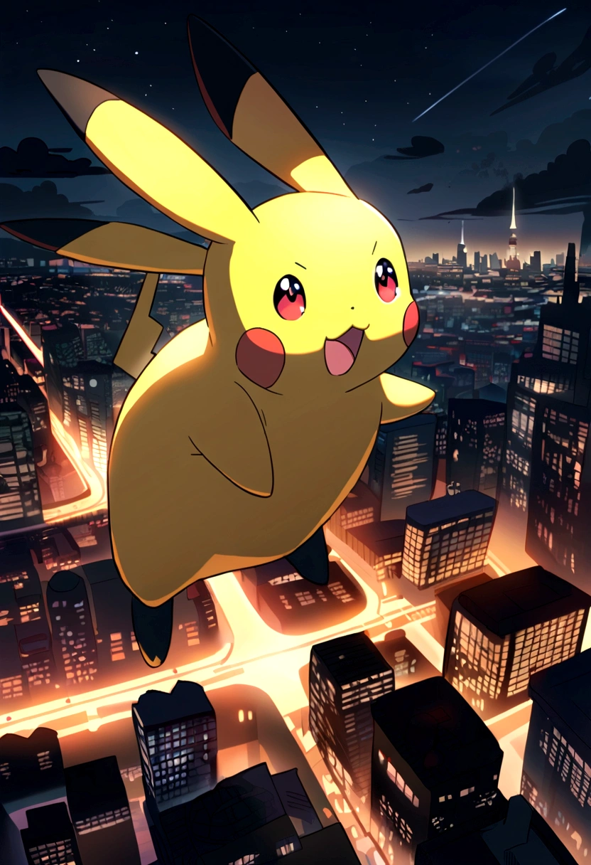 Pokemon Pikachu flying over the night city