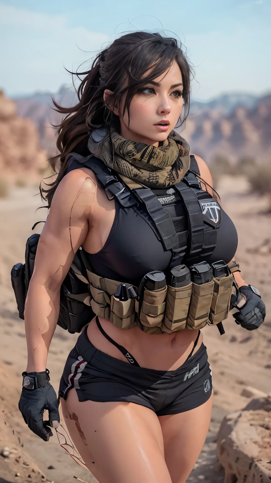 Sexy woman with big breasts athletic body wearing a tactical vest bikini holding a K47 running with a blast behind
