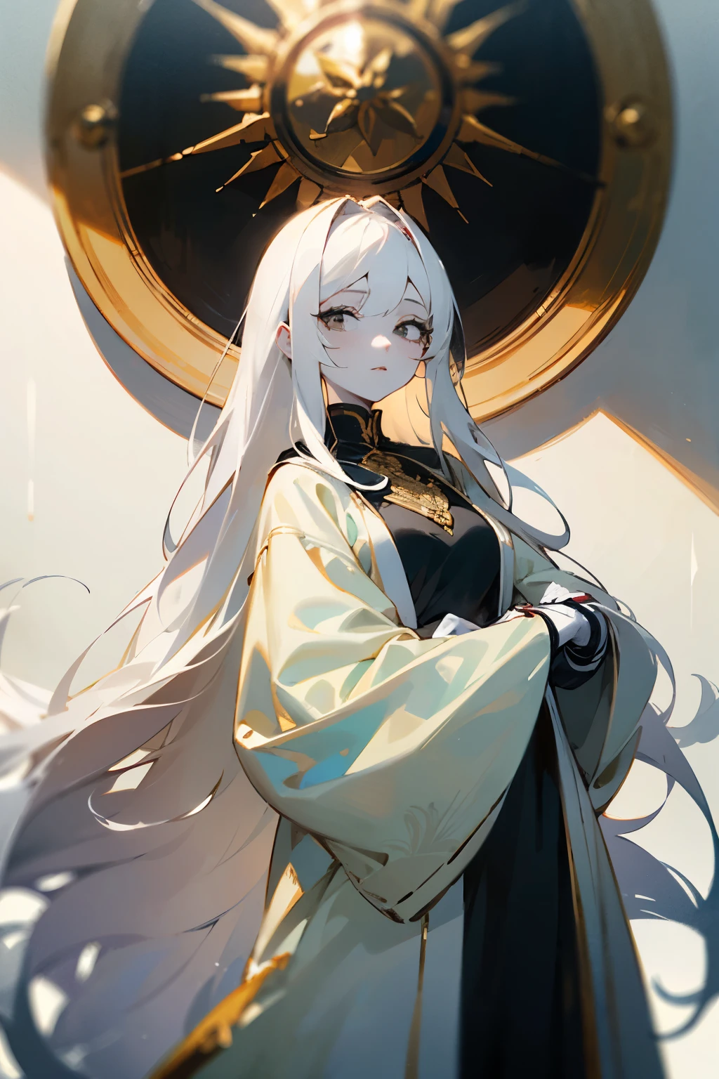 ((melhor qualidade)), ((Obra de arte)), (detalhado), Young woman with pale skin, very long White hair, Black eyes, Sharp Green pupils, wearing a long White dress ornamented with Gold with long sleeves