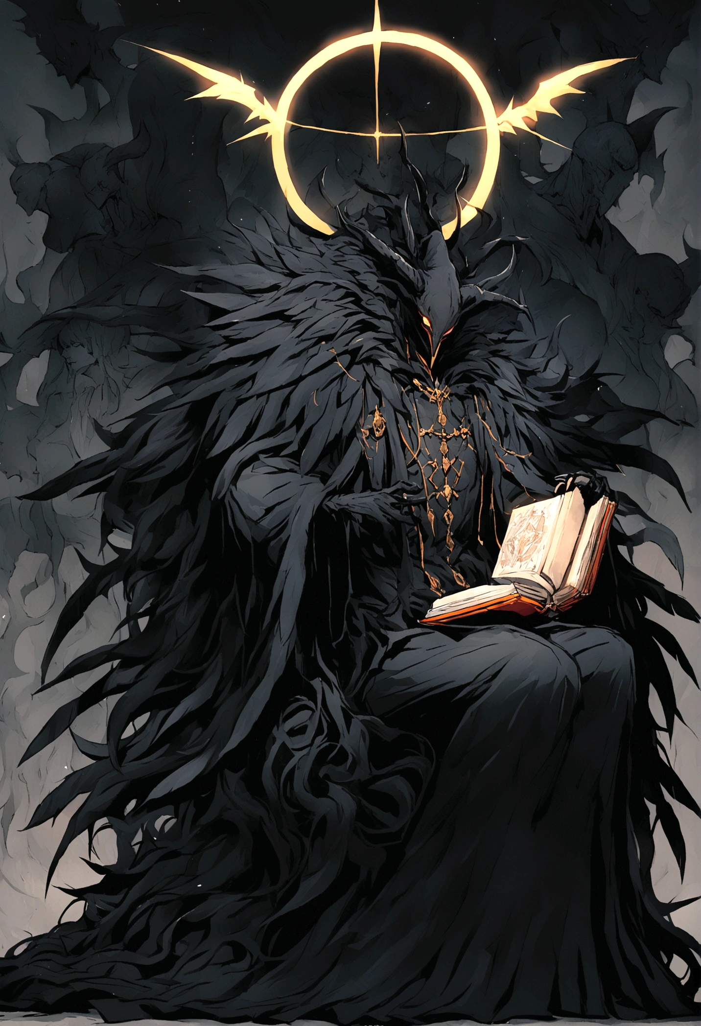 Obra de arte:1.2, melhor qualidade, ultra detalhado, macho, focado, celestial demon wizard, Jovem, serious, frio, horns on her head and a shining golden halo behind her symbolizing her celestial and demonic duality, two large black wings that combine bright plumes with a dark and threatening appearance, cabelo negro, estilo de kentaro miura, fantasia, SCI-FI, fundo claro, a painting of a man in a black robe sitting in a wheelchair, holding an open ancient magical book, Vista-o com vestes escuras e majestosas com detalhes dourados, cabelo negro, cabelos escuros, anjo demoniaco, plumas negras, asas negras grandes, sozinho, inspired por Edmundo Blampied, inspired por Nicola Samori, inspirado em Pietro Longhi, por Nicola Samori, por Edmundo Blampied, Direction: Stephen Gammell, Estilo Stephen Gammell, figura sinistra ao fundo, Direction: Leonaert Bramer, Direction: Johann Kaspar Füssli .