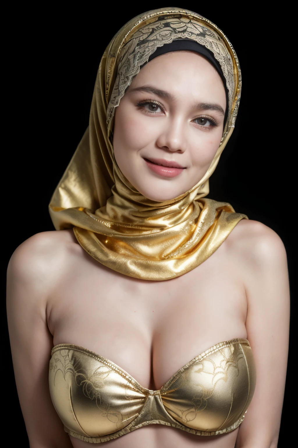 ((Lace)), (Happy smile), (((HIJAB MALAY GIRL))), masutepiece, High quality, UHD 32K, Realistic face, Realistic skin feeling , A Japanese Lady, 58 years old lady, , Very cute and baby-like face, (((FLAT CHEST))), (Night time at forest), ((look In front  at the camera and SADNESS)), (((GOLD FLUORESCENT))), (((CUTE GIRL))), ((GOLD FLUORESCENT LIPS)), ((Floral Pattern)) little wearing strapless bra, strapless colorful bra, dark night background , black forest night, horror scary place, (huge saggy breast), ((HEAVY HUGE BREASTS)), (from behind up) seductive pose