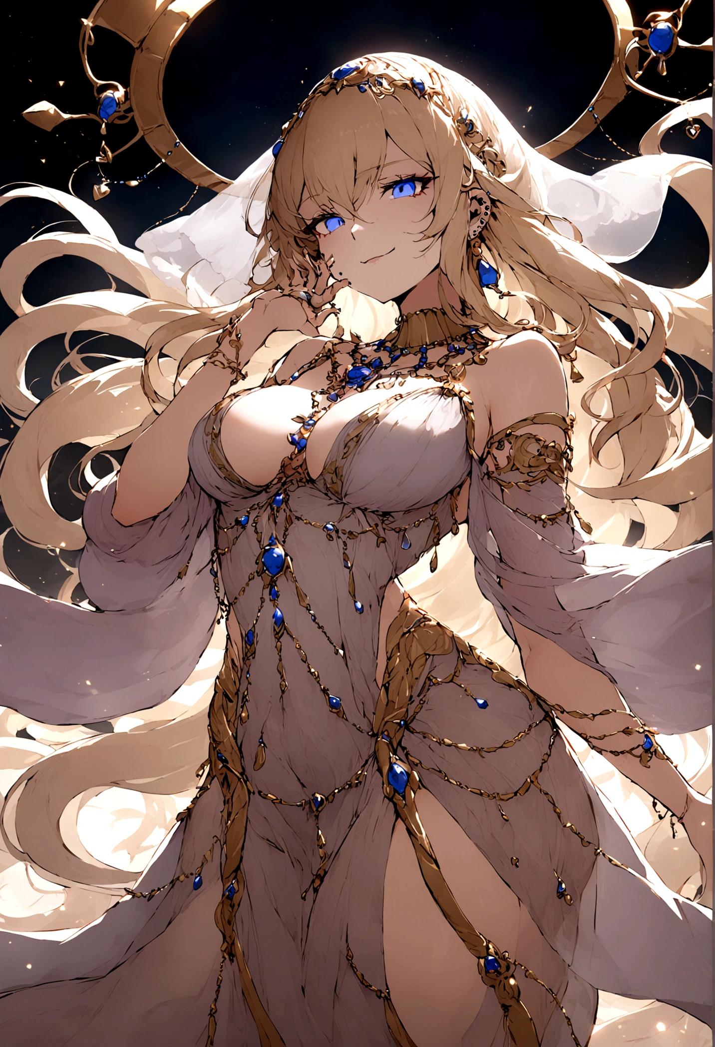 She has long blonde hair cascading down her back.Piercing blue eyes. Her outfit consists of delicate, thin chains and ornamental pieces that barely cover her body. A translucent purple veil covers her lower face, with intricate jewelry adorning her neck, arms, and waist. evil smile, subservient, large breast, egyptian style clothng