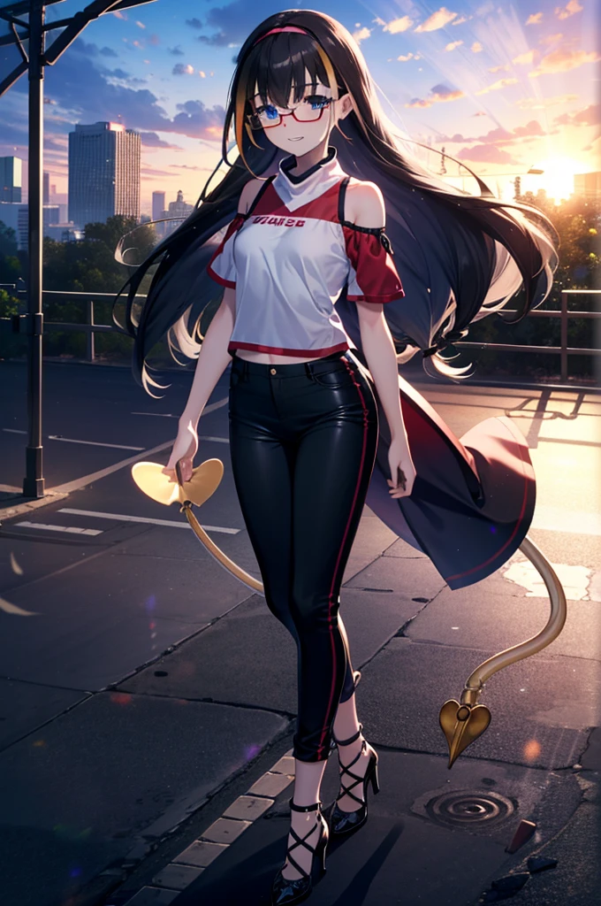 small, small, Black Hair, blue eyes, demon tail, hair band, Long Hair, mechanical tail, Multicolored Hair, tail, smile,Grin,tooth,Black-rimmed glasses,Cold shoulder tops,Short sleeve,skinny pants,Stiletto heels,morning,morning陽,The sun is rising,Walking,whole bodyがイラストに入るように,
break looking at viewer, whole body,
break outdoors,Building district,
break (masterpiece:1.2), Highest quality, High resolution, unity 8k wallpaper, (figure:0.8), (beautiful detailed eyes:1.6), extremely detailed face, Perfect lighting, extremely detailed CG, (Perfect hands, Perfect Anatomy),