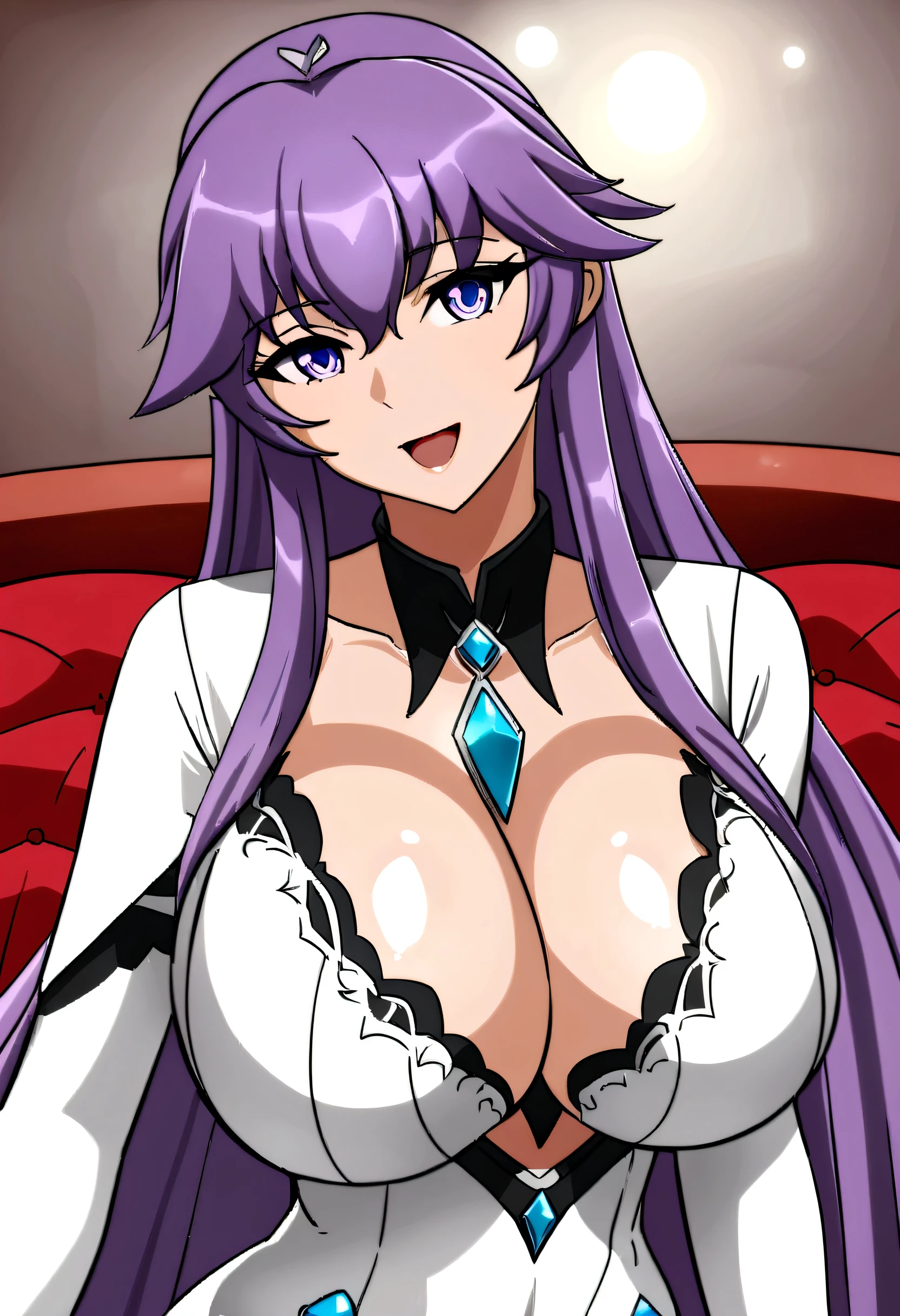 Create a digital artwork of a voluptuous female character com massive breasts in an anime-inspired style. O personagem deveria ter muito tempo, long flowing purple hair, expressivos olhos roxos. Ela deveria estar usando uma lingerie bem reveladora que acentuasse suas curvas. O estilo de arte deve ser uma mistura de anime e semi-realismo, com: suave, sombreamento detalhado: Use gradientes para criar profundidade e volume na forma do personagem. afiado, trabalho de linha preciso: Clean lines to define the character's features and clothing. realistic lighting effects: Emphasize the reflective quality of the whole outfit com highlights and glossy reflections. macio, fundo ambiente: Set the scene in a normal bedroom, a personagem sentada em sua cama. O fundo deve ter um soft, romantic glow com bokeh effects to enhance the dreamy atmosphere. color vibration: usar rico, cores vibrantes para o personagem e o fundo para fazer a imagem se destacar. Make sure the character's expression is slightly open-mouthed, giving a seductive and confident appearance. O clima geral deve ser ousado e cativante, com a high level of detail and polish in the final artwork. mais Zoom, focando nos seios dos personagens