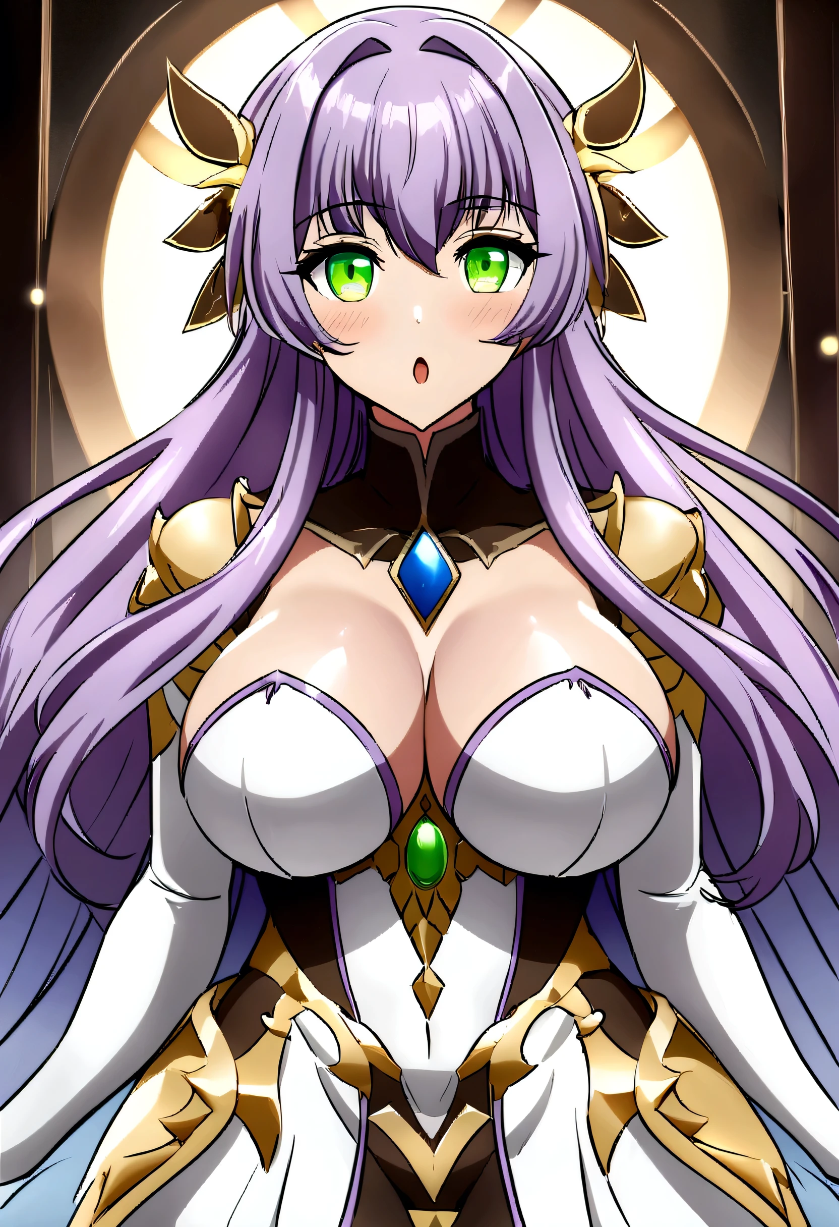 Create a digital artwork of a voluptuous female character com massive breasts in an anime-inspired style. O personagem deveria ter muito tempo, long flowing purple hair, expressivos olhos roxos. Ela deveria estar usando uma lingerie bem reveladora que acentuasse suas curvas. O estilo de arte deve ser uma mistura de anime e semi-realismo, com: suave, sombreamento detalhado: Use gradientes para criar profundidade e volume na forma do personagem. afiado, trabalho de linha preciso: Clean lines to define the character&#39;s features and clothing. realistic lighting effects: Emphasize the reflective quality of the whole outfit com highlights and glossy reflections. macio, fundo ambiente: Set the scene in a normal bedroom, a personagem sentada em sua cama. O fundo deve ter um soft, romantic glow com bokeh effects to enhance the dreamy atmosphere. color vibration: usar rico, cores vibrantes para o personagem e o fundo para fazer a imagem se destacar. Make sure the character&#39;s expression is slightly open-mouthed, giving a seductive and confident appearance. O clima geral deve ser ousado e cativante, com a high level of detail and polish in the final artwork. mais Zoom, focando nos seios dos personagens