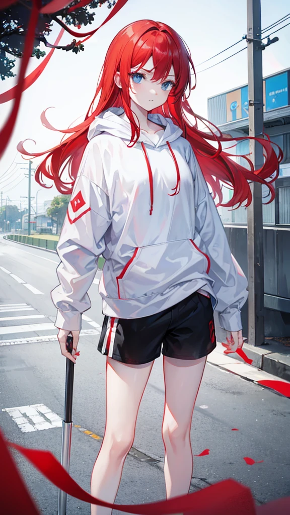 a guy with red hair and shining blue eyes in a white hoodie and black shorts stands in the middle of the Mayami Blood highway