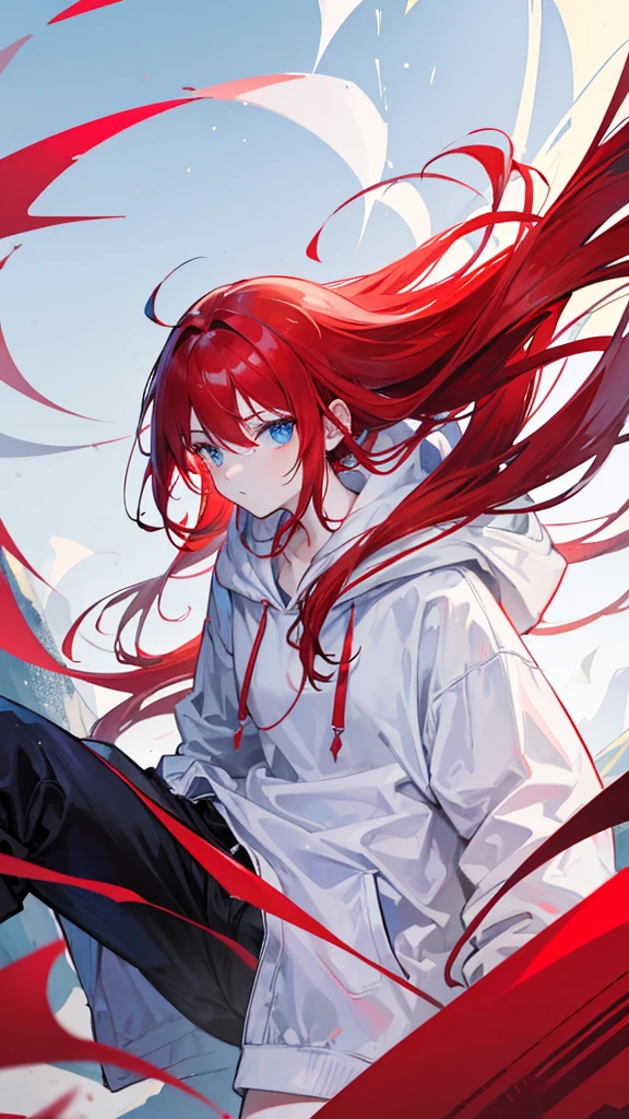 a guy with red hair and shining blue eyes in a white hoodie and black shorts stands in the middle of the Mayami Blood highway