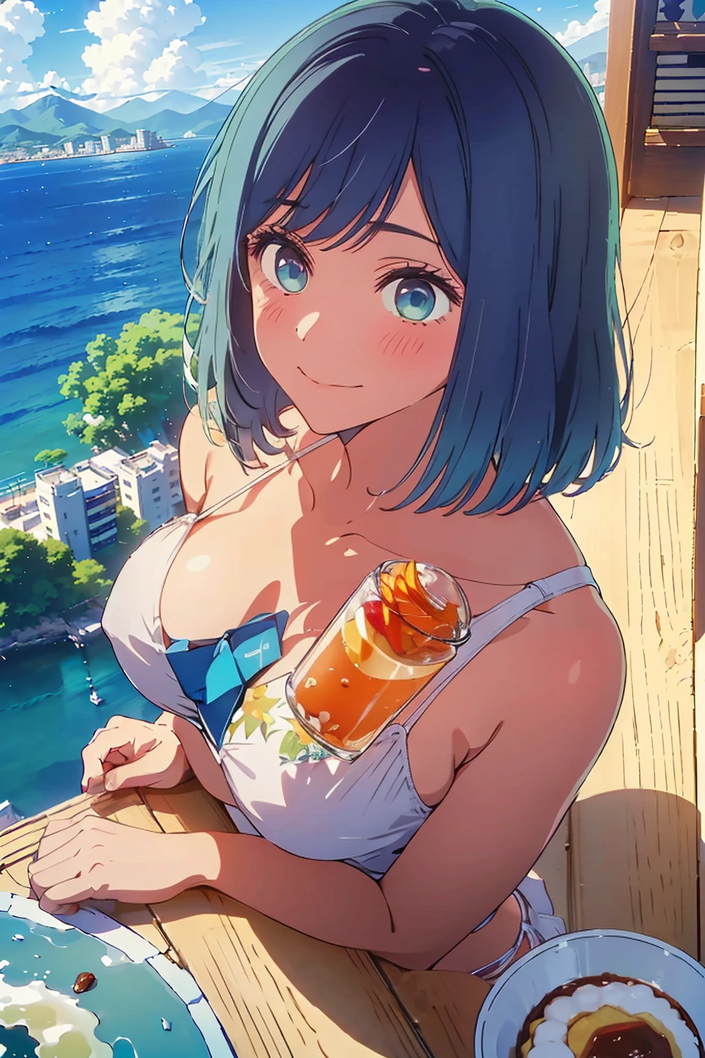 Highest quality,8k,detailed,F cup bust、Big Breasts、Slim and beautiful arms、Slim body、Very white beautiful skin、((((1 person、smile、Swimwear、She is wearing a white side-string high-leg bikini、smile、sit、In the background are the urban buildings of Tokyo、Outdoor café terrace、Drink juice、Cheek resting on hand、coastal、table、looking at the camera、Looking up、Shooting from a distance、Shot from above、Navy hair color、Very cute face))))、Sexy pose、Very blue sky、A completely cloudless sky、She tilted her head slightly、The atmosphere is bright and lively、The woman is at the center of the image。