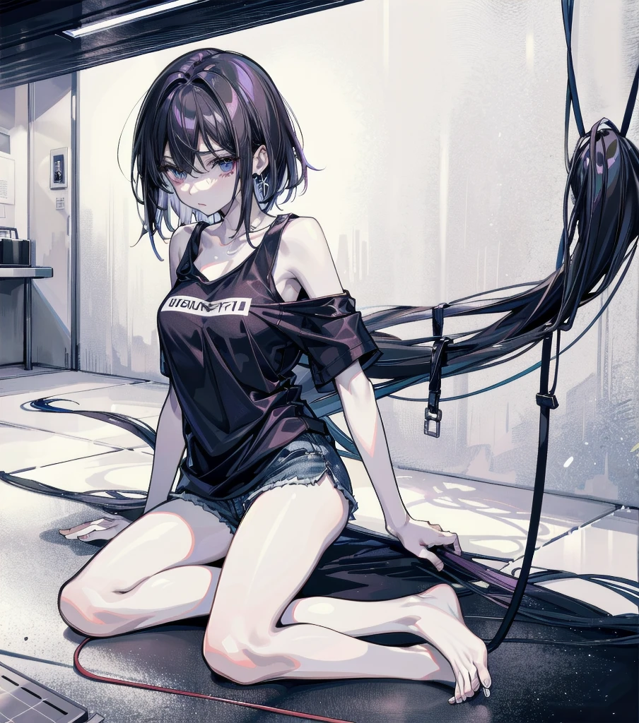 (full body), RAW photo, extremely delicate and beautiful, masterpiece, Best Quality, ultra high resolution, 16k, hyperrealistic, realistic, photorealistic, photo-realistic, ultra-detailed, detailed description, pale skin,  in her 20s, very Slim body, narrow waist, very small head, very small face, delicate facial features, (big tits), medium hair, black hair, tearful mole, earring, t-shirt, tank top, Hot Pants,