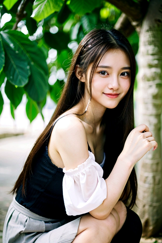 highest quality, masterpiece, ultra-high resolution, (realistic:1.4), Raw photo, 23 year old girl, ((leaning forward):1.3), ((from the front)), (white t-shirt:1.2), (Very cute face like the most popular Japanese idol, ((very beautiful big black eyes)), very beautiful hair, (long hair)、very beautiful skin, very beautiful long eyelashes, very beautiful lips, very beautiful cleavage, innocent smile, dynamic pose, Well-balanced body size, onepeace, in the park, smile