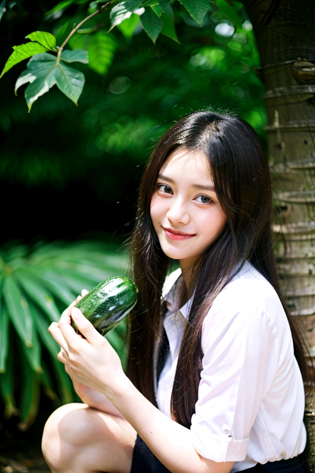 Macro shot. a girl 25 years old, long ponytail black hair, blue eyes, smile, nice and kind, holding cucumber, white shirt with font, on top of tree, squat pose,