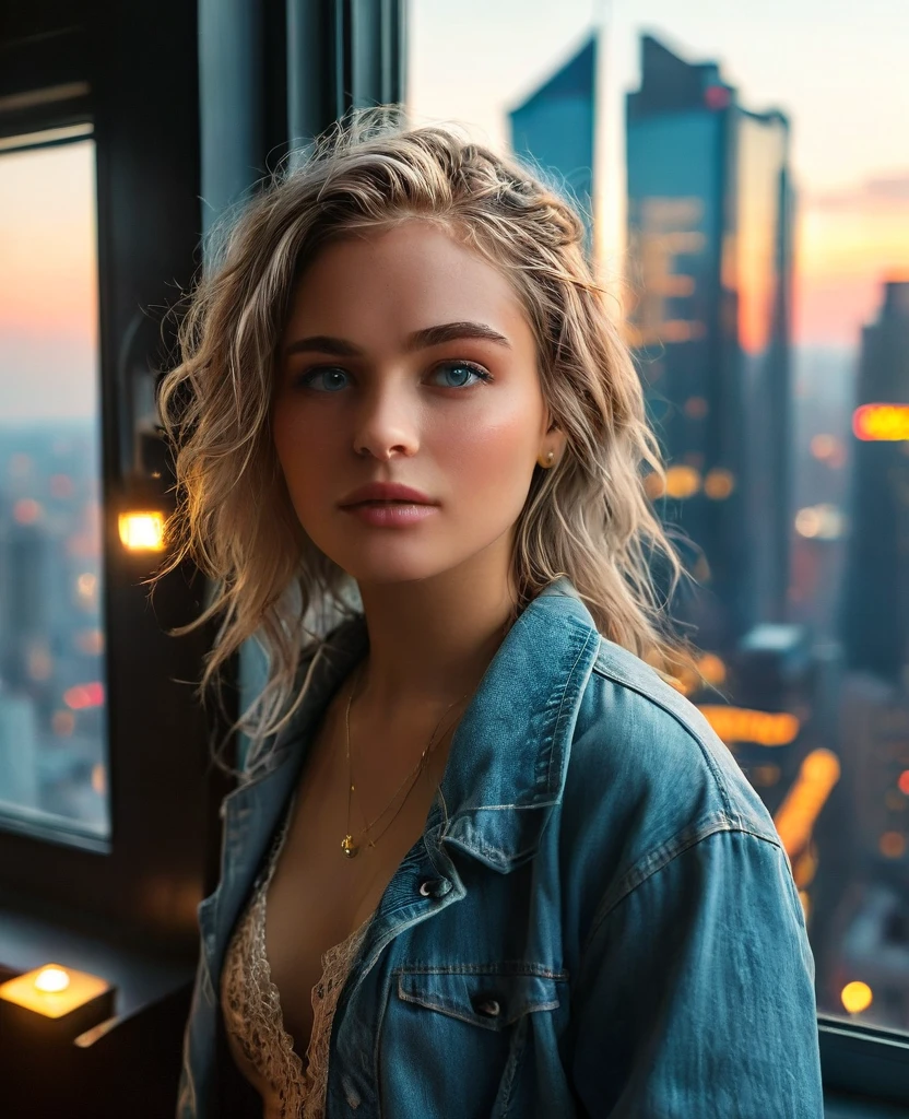 (best quality,4k,8k,highres,masterpiece:1.2),ultra-detailed,(Ultra-realistic, photorealistic,photo-realistic:1.37),a beautiful woman in a high-rise apartment, Sadie Sink, looking out the window at the night city skyline, her cyan eyes and bright gray hair framed by the city lights, a serene expression on her detailed, expressive face, dramatic lighting, (best quality,4k,8k,highres,masterpiece:1.2),ultra-detailed,(realistic,photorealistic,photo-realistic:1.37),portrait,cityscape,interior,window,city lights,highlights,dramatic lighting,cinematic