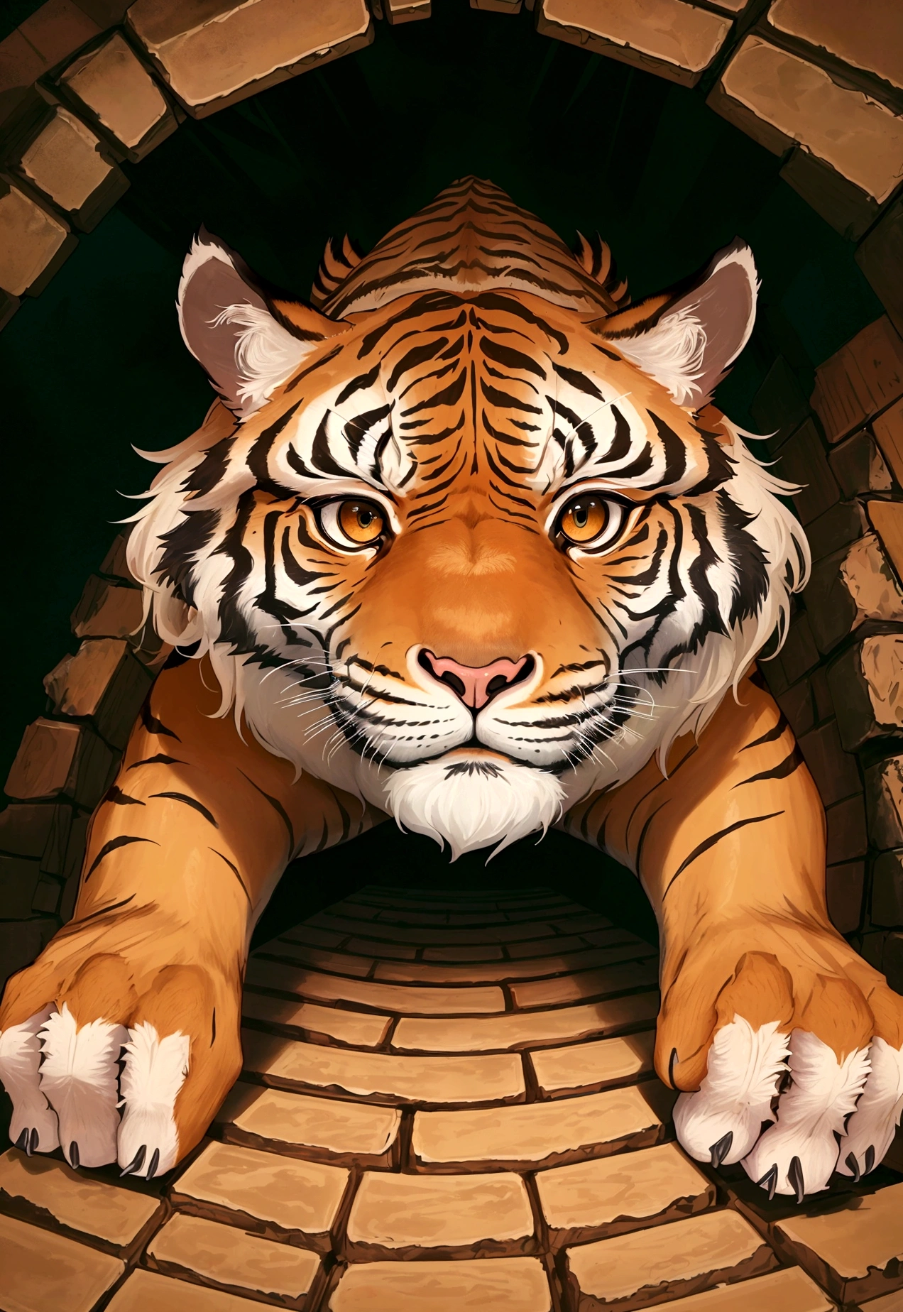 an image from the perspective of a tiger trapped in a pit, looking up. The viewpoint should be from the bottom of the pit, showing the tiger's gaze upward. Above the pit, there should be a man and a rabbit looking down at the tige