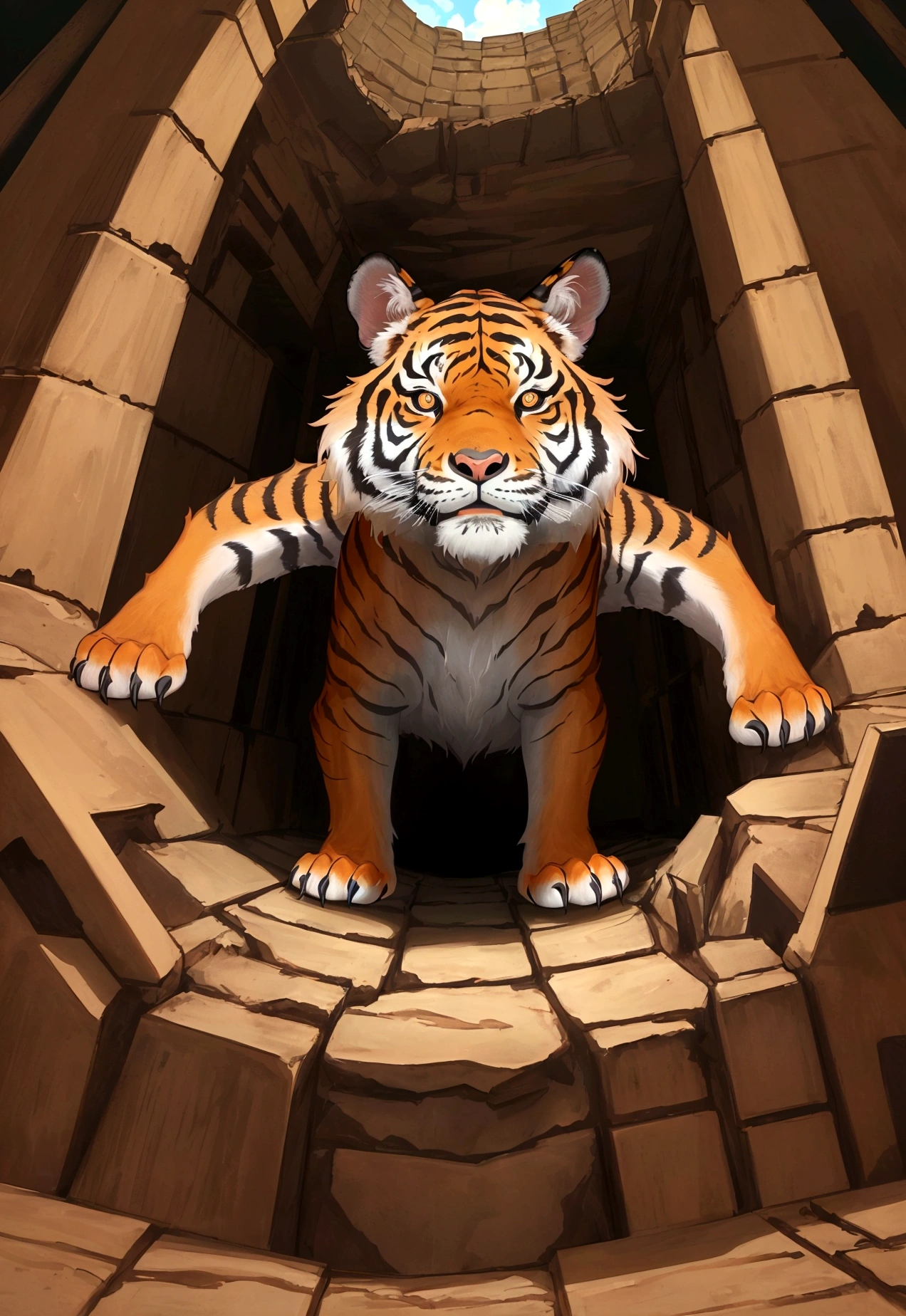 an image from the perspective of a tiger trapped in a pit, looking up. The viewpoint should be from the bottom of the pit, showing the tiger's gaze upward. Above the pit, there should be a man and a rabbit looking down at the tige