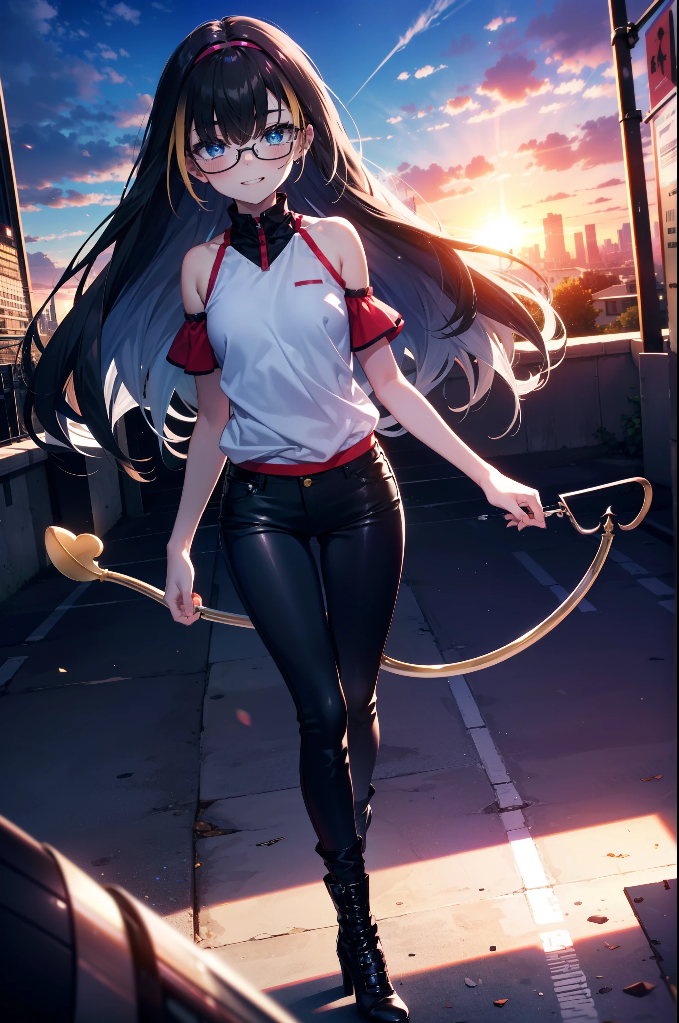 small, small, Black Hair, blue eyes, demon tail, hair band, Long Hair, mechanical tail, Multicolored Hair, tail, smile,Grin,tooth,Black-rimmed glasses,Cold shoulder tops,Short sleeve,skinny pants,Stiletto heels,morning,morning陽,The sun is rising,Walking,whole bodyがイラストに入るように,
break looking at viewer, whole body,
break outdoors,Building district,
break (masterpiece:1.2), Highest quality, High resolution, unity 8k wallpaper, (figure:0.8), (beautiful detailed eyes:1.6), extremely detailed face, Perfect lighting, extremely detailed CG, (Perfect hands, Perfect Anatomy),