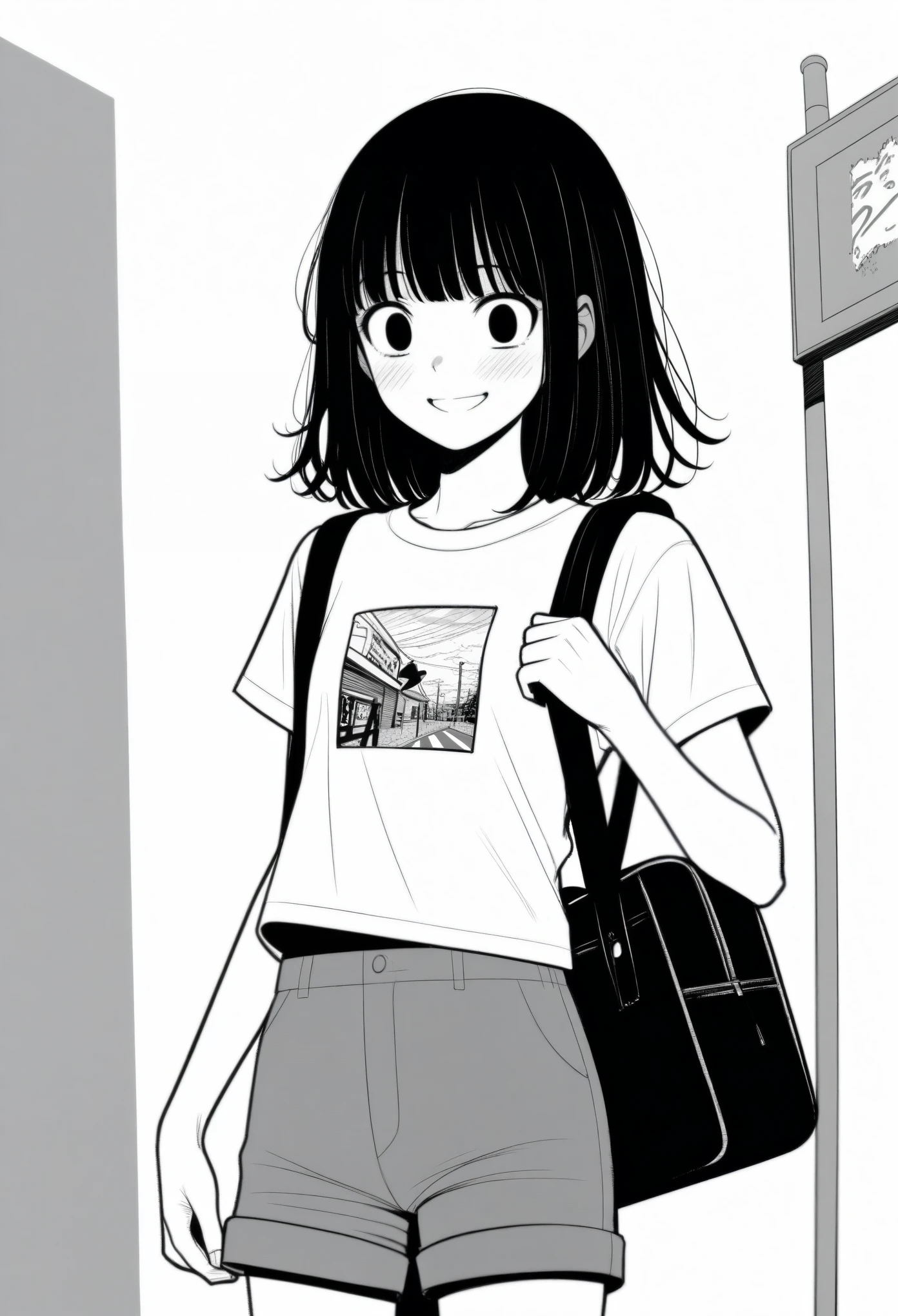masterpiece, best quality, 1girl, mamerakkkkko, grayscale, manga style, japanese, chi no wadachi, black eyes, street, iced, black hair, schoolbag, smile, lineart, white background, white shirt, grey shorts, centered, 18 years old, average height
