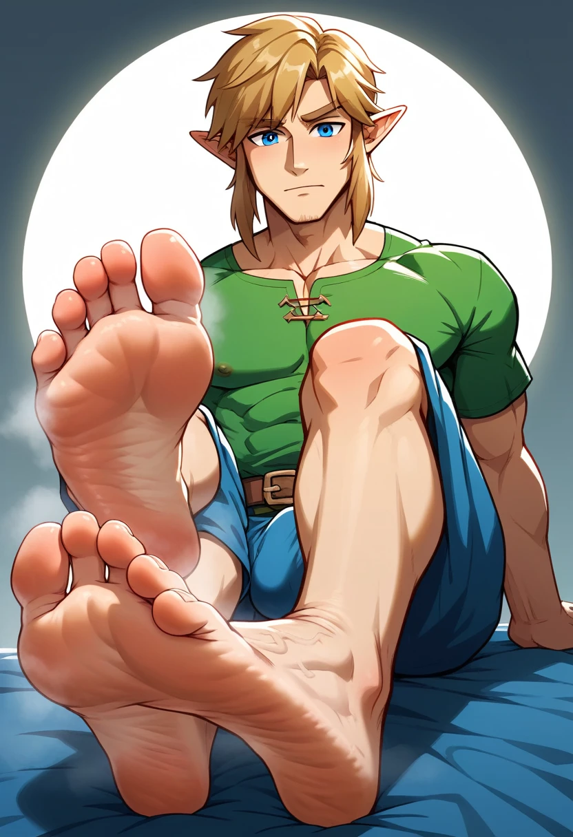 Link from Zelda games, detailed feet, foot fetish, soles, toes, beautiful face, wrinkled soles, male feet, stinky feet, stink steam, blond hairs , beautiful blue eyes, big penis shape under clothes, sexy male character . Masterpiece, 4k, ultra detailed soles, ultra detailed face, beautiful hair, two feet, fives toes. plains background. UHD