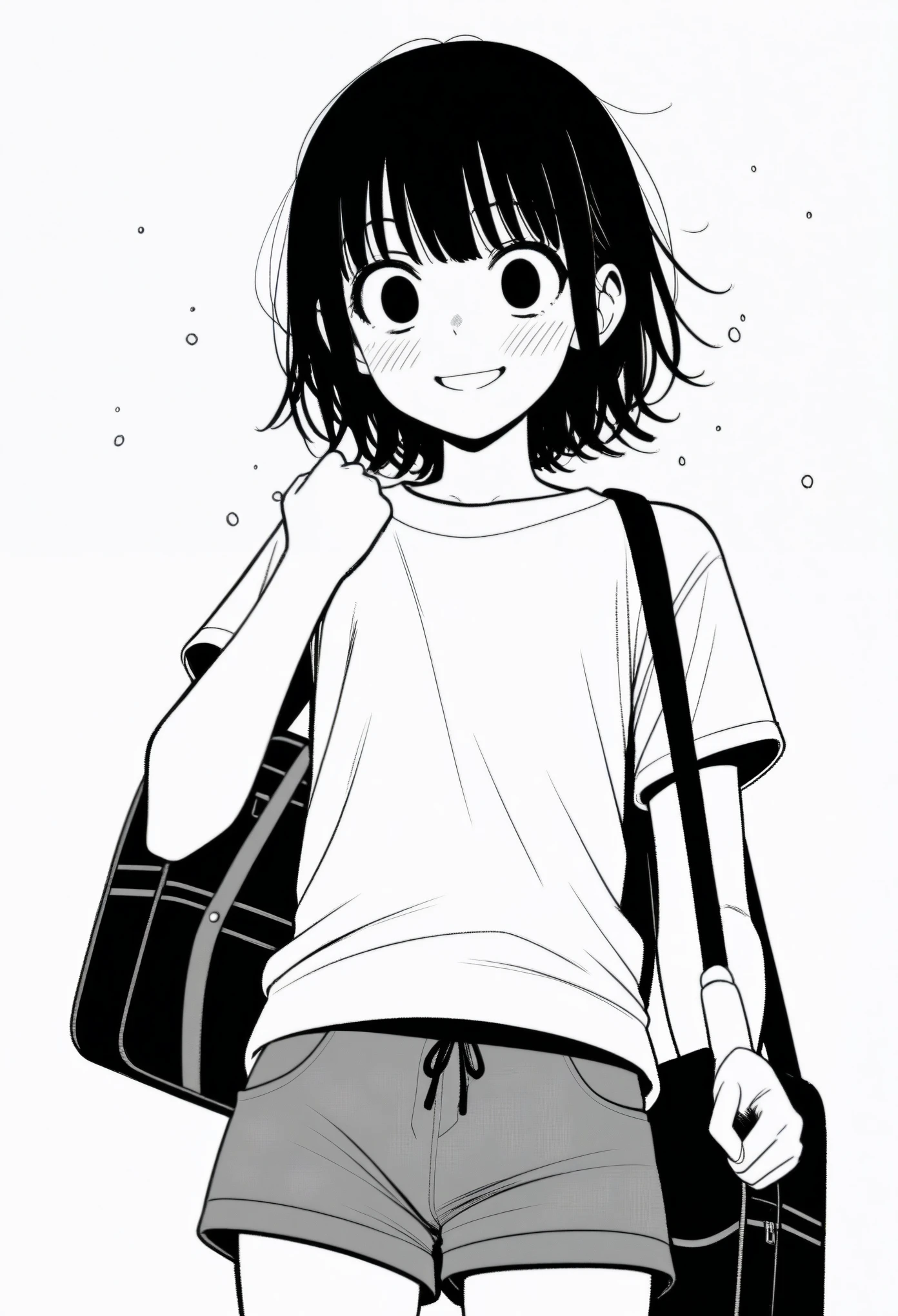 masterpiece, best quality, 1girl, mamerakkkkko, grayscale, manga style, japanese, chi no wadachi, black eyes, street, iced, black hair, schoolbag, smile, lineart, white background, white shirt, grey shorts, centered, 18 years old, average height