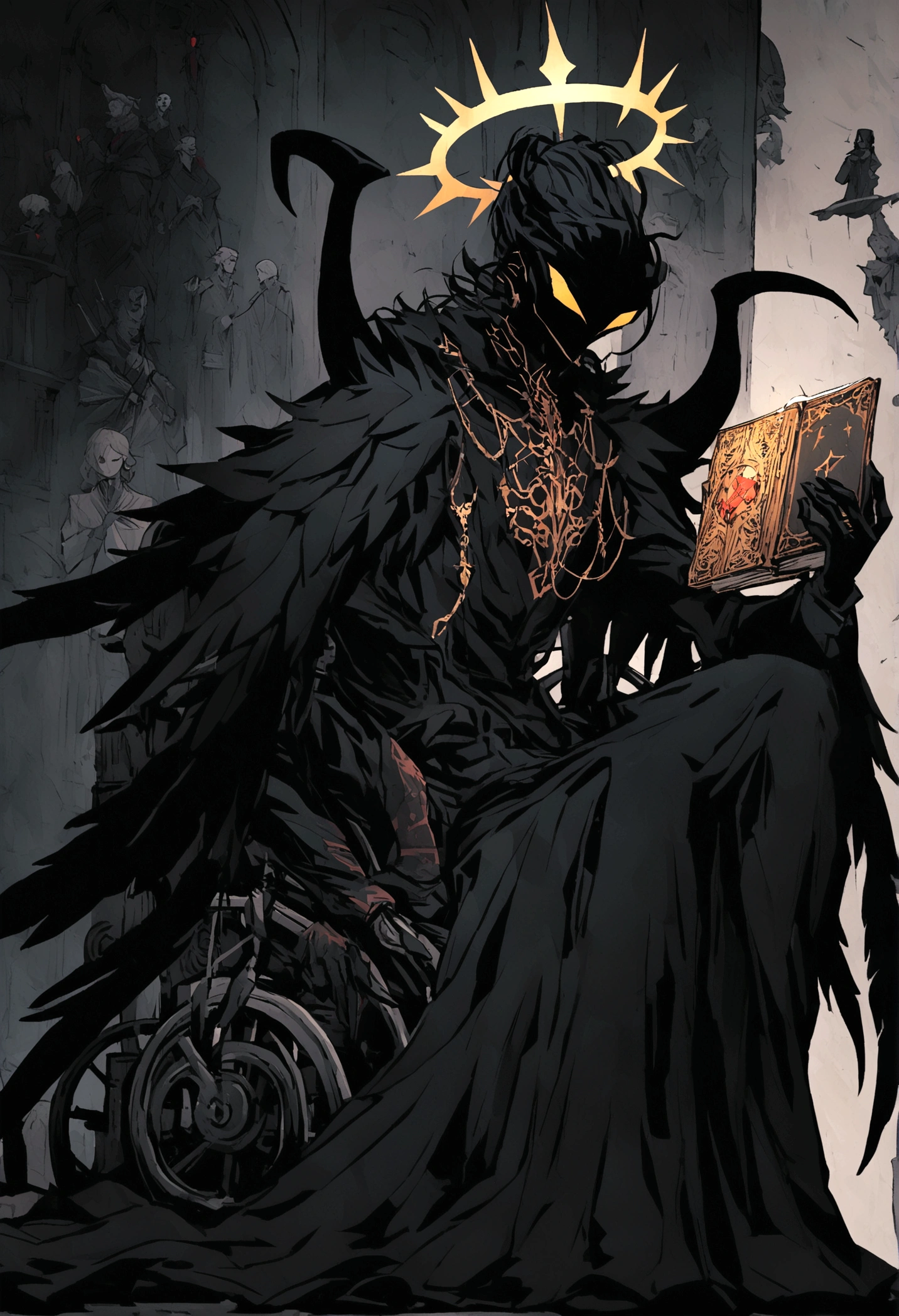 Obra de arte:1.2, melhor qualidade, ultra detalhado, macho, focado, rosto humano, chifres negros, celestial demon wizard, Jovem, serious, frio, horns on her head and a shining golden halo behind her symbolizing her celestial and demonic duality, two large black wings that combine bright plumes with a dark and threatening appearance, cabelo negro, estilo de kentaro miura, fantasia, SCI-FI, fundo claro, a painting of a man in a black robe sitting in a wheelchair, holding an open ancient magical book, Vista-o com vestes escuras e majestosas com detalhes dourados, cabelo negro, cabelos escuros, anjo demoniaco, plumas negras, asas negras grandes, sozinho, inspired por Edmundo Blampied, inspired por Nicola Samori, inspirado em Pietro Longhi, por Nicola Samori, por Edmundo Blampied, Direction: Stephen Gammell, Estilo Stephen Gammell, figura sinistra ao fundo, Direction: Leonaert Bramer, Direction: Johann Kaspar Füssli .