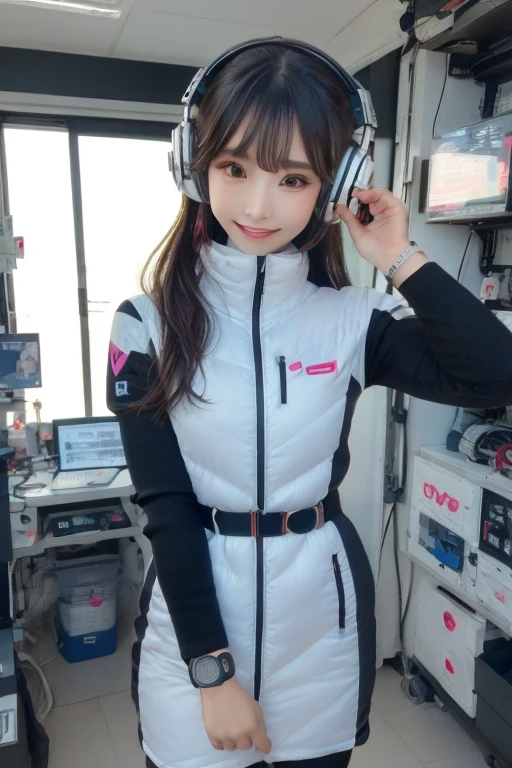 masterpiece, Highest quality, Very detailed, 8K Portrait,Japanese Android Girl,plump , Control panel,Robotic arms and legs, Blunt bangs,,break (Metallic Gray, Metallic luster, Mirror finish, Astro Best):5,headphone:5,break (Black sleeves):100,Smart Watches,Futuristic space station,Control Room,break headphone,blue eyes,(Black Hair):2,(Long Hair):1.3,Displaying the viewer,(respirator),break blush:3,Hidden Hand,smile