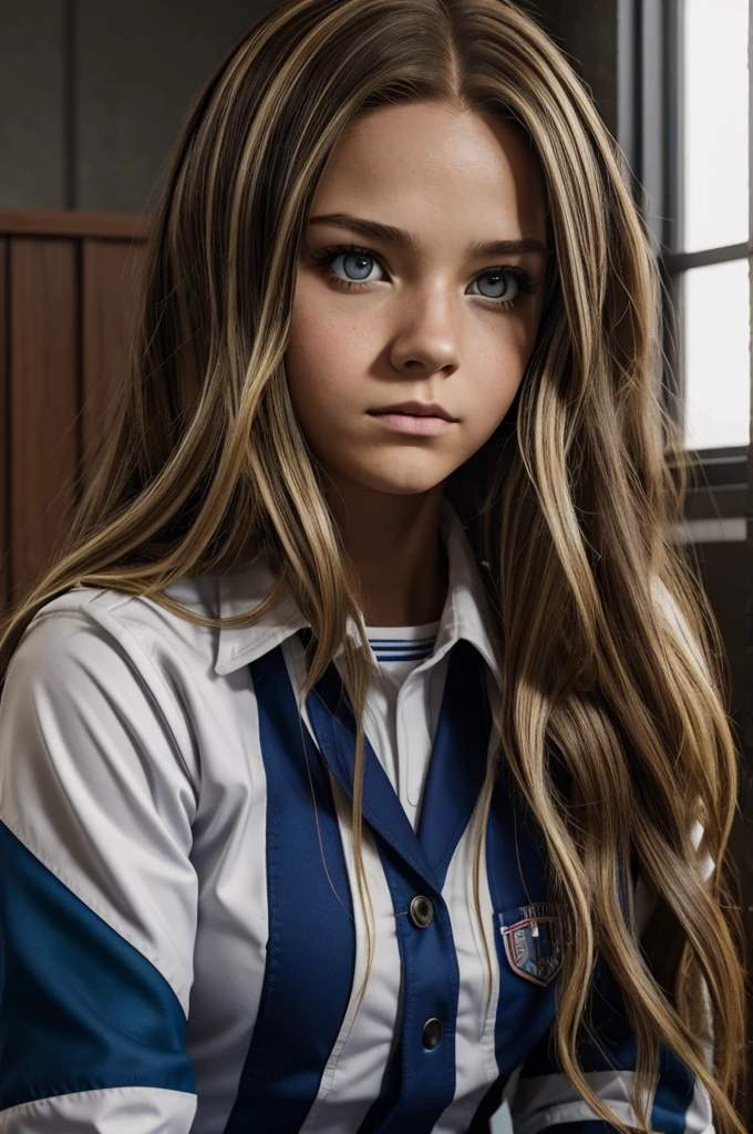 Captura de pantalla de my hero academia. Girl with very long brown hair with blonde highlights, sin fleco. She has a calm, slightly serious expression and wears grunge-style makeup.. She is wearing the UA uniform and in the background she has a UA school class and she is sitting at a table