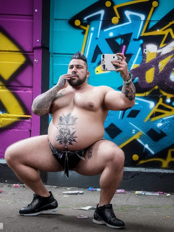 (((Only plump, chubby, extremely thick thighs, large belly, fat))), masutepiece,High quality,Highly detailed,intense scene, solid, Gritty reality setting for 50 year old sexy fat bearded man,full of sweat,Full body,Big belly,  ((Wearing bathrobe , meias brancas, a white cueca box)),Stunned face,Open the legs,In the darkness, Varied Camera Angles in Photography.    various poses, HD 8k high quality, gay,  bearded, serious facial expression, (still from a movie), tense, dramatic, atmospheric, cinematic, (looking away),
(masterpiece), top quality, photorealistic, hyperrealism, absurdres, tack sharp, subsurface scattering, 8k, HDR, 35mm, professional photography, RAW,(best quality,highres),(photorealistic) A crow punk taking a selfie picture, with (vibrant colors) striking vibrant colors and (detailed) intricate feather patterns. The punk crow is perched on a (graffiti-covered) graffiti-covered brick wall, wearing (edgy) edgy attire including a leather jacket adorned with (studded spikes), ripped jeans, and (metallic) metallic accessories. Its (piercing) piercing eyes are highlighted with (smoky) smoky eyeshadow and (heavy) heavy eyeliner. It holds a (glimmering) glimmering smartphone with its claw, fully extending its (feathers) feathers to capture the perfect angle. The background features a (gritty) gritty urban setting with (graffiti artworks) graffiti artworks and (reflected neon lights) neon lights reflecting on damp pavements. The scene is bathed in (dramatic) dramatic lighting, casting long shadows and emphasizing the crow punk's rebellious spirit, muscular, buffed