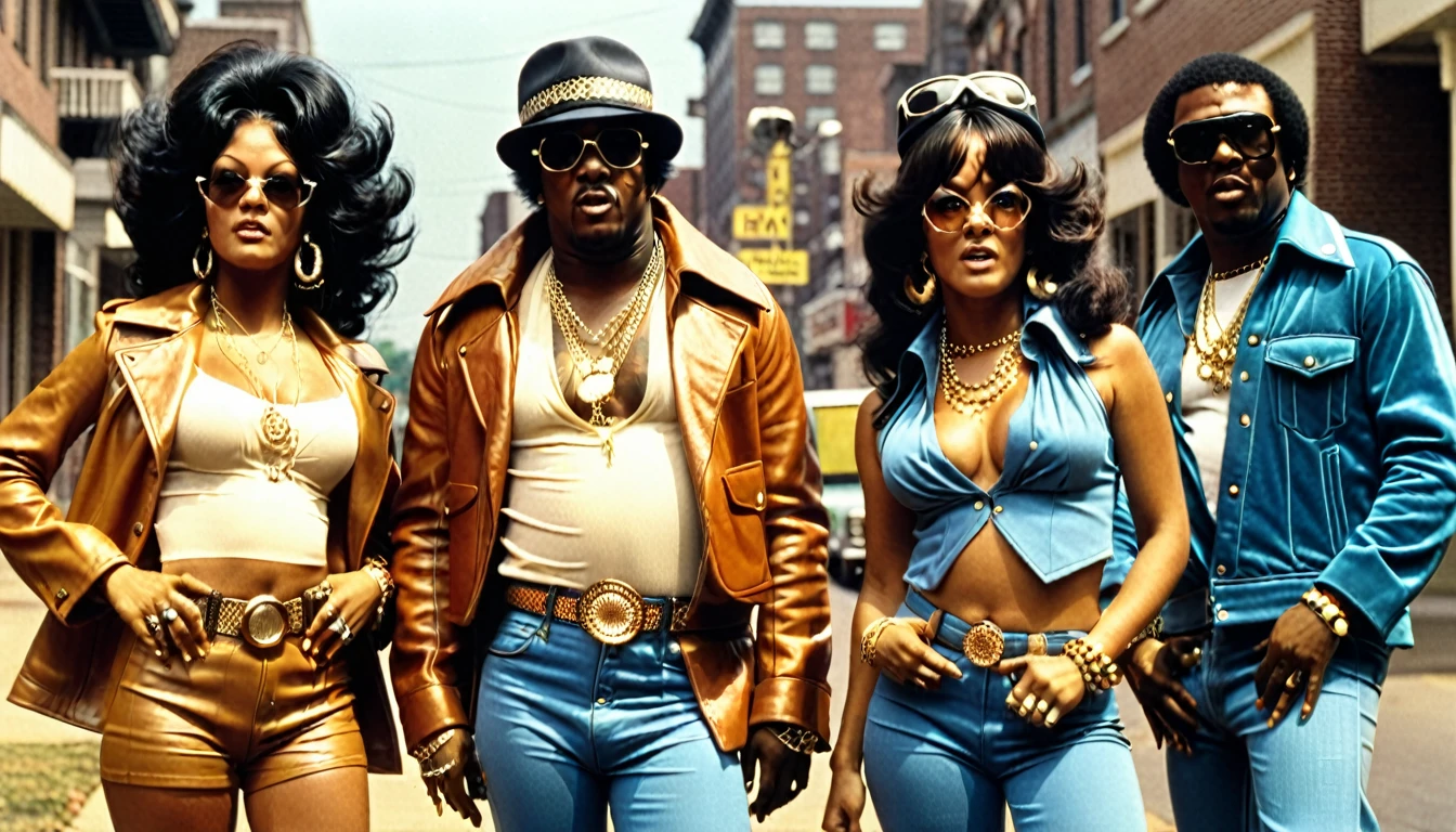 1970s photo of "Three 6 Mafia" wearing 1970s attire, they are telling beautiful women to leave them alone, cinematic action, atmospheric perspective