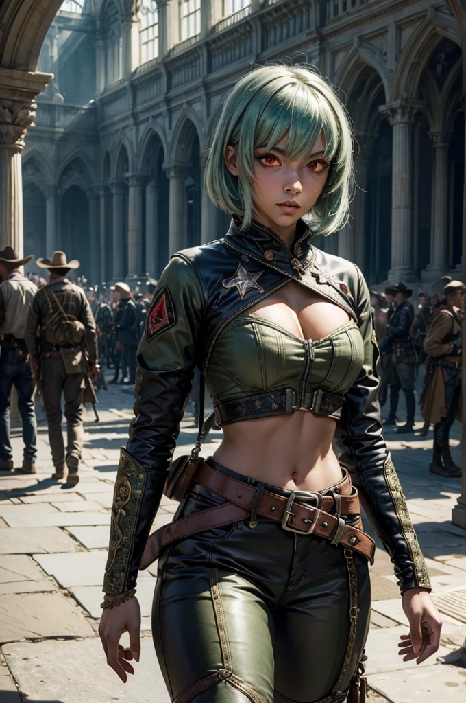 emeraldsustrai, emerald sustrai, short hair, (red eyes:1.5), green hair, dark skin, dark-skinned female, BREAK navel, cleavage, midriff, belt, cleavage cutout, chaps, hand on hip, BREAK outside palace, floor, marble pillars, tall stained glass windows, BREAK courtyard, large crowd, (((crowd in military dress))), (volumetric lighting), intricate details, tonemapping, sharp focus, hyper detailed, (cowboy shot:1.5), BREAK (masterpiece:1.2), best quality, high resolution, unity 8k wallpaper, (illustration:0.8), (beautiful detailed eyes:1.6), extremely detailed face, perfect lighting, extremely detailed CG, (perfect hands, perfect anatomy),