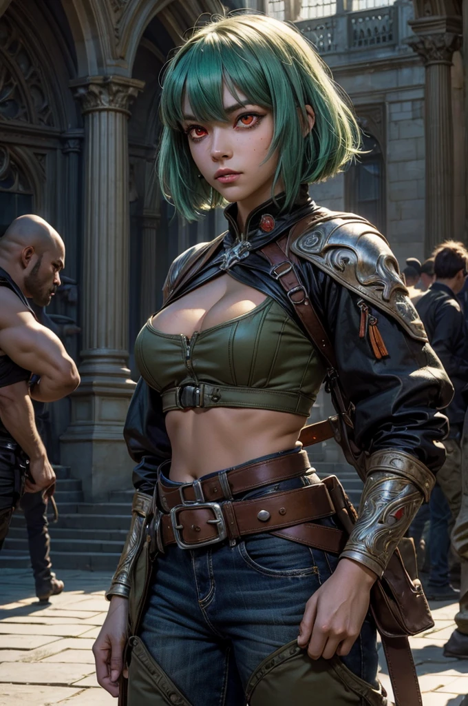 emeraldsustrai, emerald sustrai, short hair, (red eyes:1.5), green hair, dark skin, dark-skinned female, BREAK navel, cleavage, midriff, belt, cleavage cutout, chaps, hand on hip, BREAK outside palace, floor, marble pillars, tall stained glass windows, BREAK courtyard, large crowd, (((crowd in military dress))), (volumetric lighting), intricate details, tonemapping, sharp focus, hyper detailed, (cowboy shot:1.5), BREAK (masterpiece:1.2), best quality, high resolution, unity 8k wallpaper, (illustration:0.8), (beautiful detailed eyes:1.6), extremely detailed face, perfect lighting, extremely detailed CG, (perfect hands, perfect anatomy),