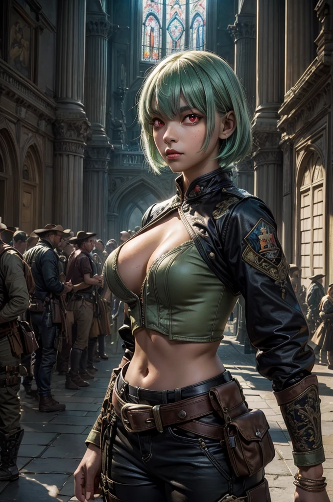 emeraldsustrai, emerald sustrai, short hair, (red eyes:1.5), green hair, dark skin, dark-skinned female, BREAK navel, cleavage, midriff, belt, cleavage cutout, chaps, fighting stance, BREAK outside palace, floor, marble pillars, tall stained glass windows, BREAK courtyard, large crowd, (((crowd in military dress))), (volumetric lighting), intricate details, tonemapping, sharp focus, hyper detailed, (cowboy shot:1.5), BREAK (masterpiece:1.2), best quality, high resolution, unity 8k wallpaper, (illustration:0.8), (beautiful detailed eyes:1.6), extremely detailed face, perfect lighting, extremely detailed CG, (perfect hands, perfect anatomy),