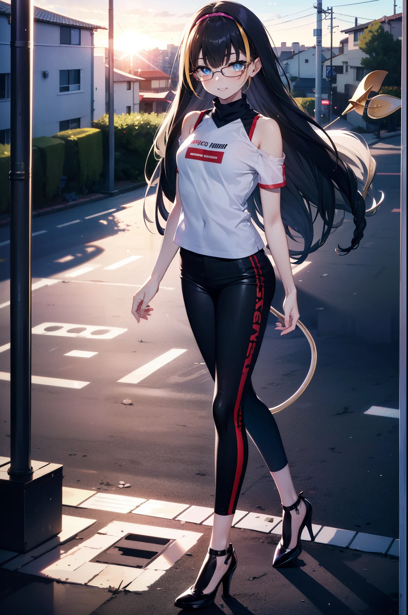 small, small, Black Hair, blue eyes, demon tail, hair band, Long Hair, mechanical tail, Multicolored Hair, tail, smile,Grin,tooth,Black-rimmed glasses,Cold shoulder tops,Short sleeve,skinny pants,Stiletto heels,morning,morning陽,The sun is rising,Walking,whole bodyがイラストに入るように,
break looking at viewer, whole body,
break outdoors,Building district,
break (masterpiece:1.2), Highest quality, High resolution, unity 8k wallpaper, (figure:0.8), (beautiful detailed eyes:1.6), extremely detailed face, Perfect lighting, extremely detailed CG, (Perfect hands, Perfect Anatomy),