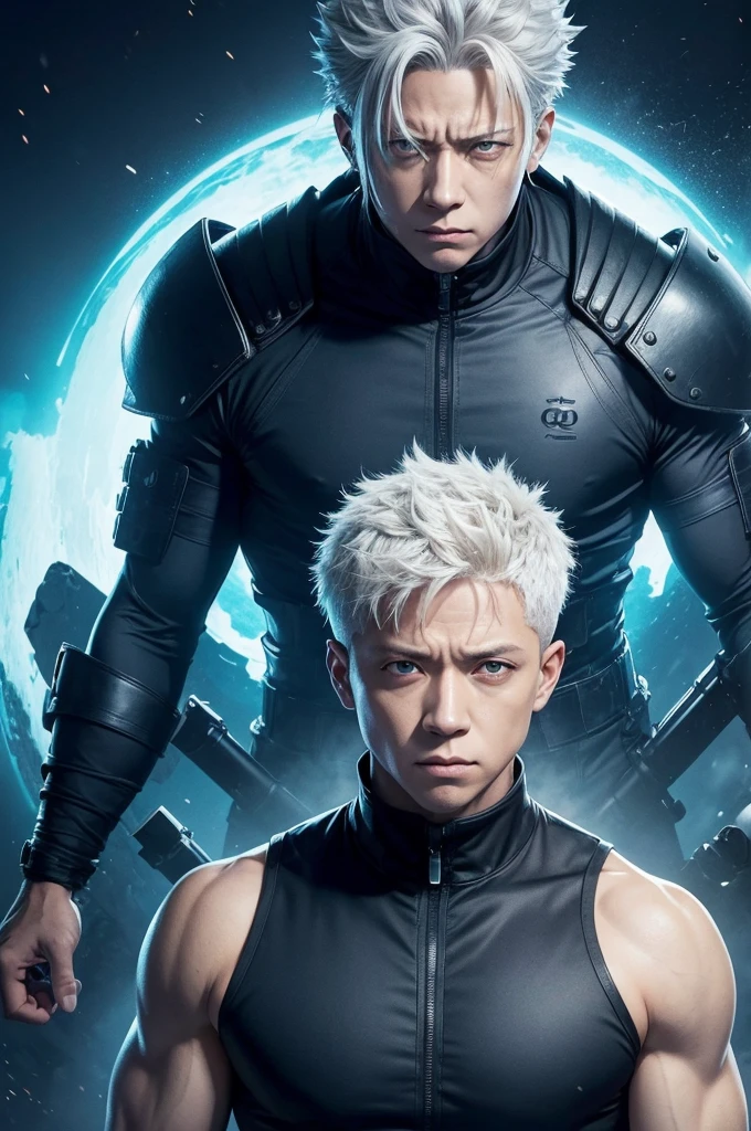 um personagem de jujutsu kaisen animado pela mappa studio, um personagem moreno, com um cabelo cacheado, olhos azuis igual a de Satoru gojo , musculoso e o uniforme de jujutsu azul